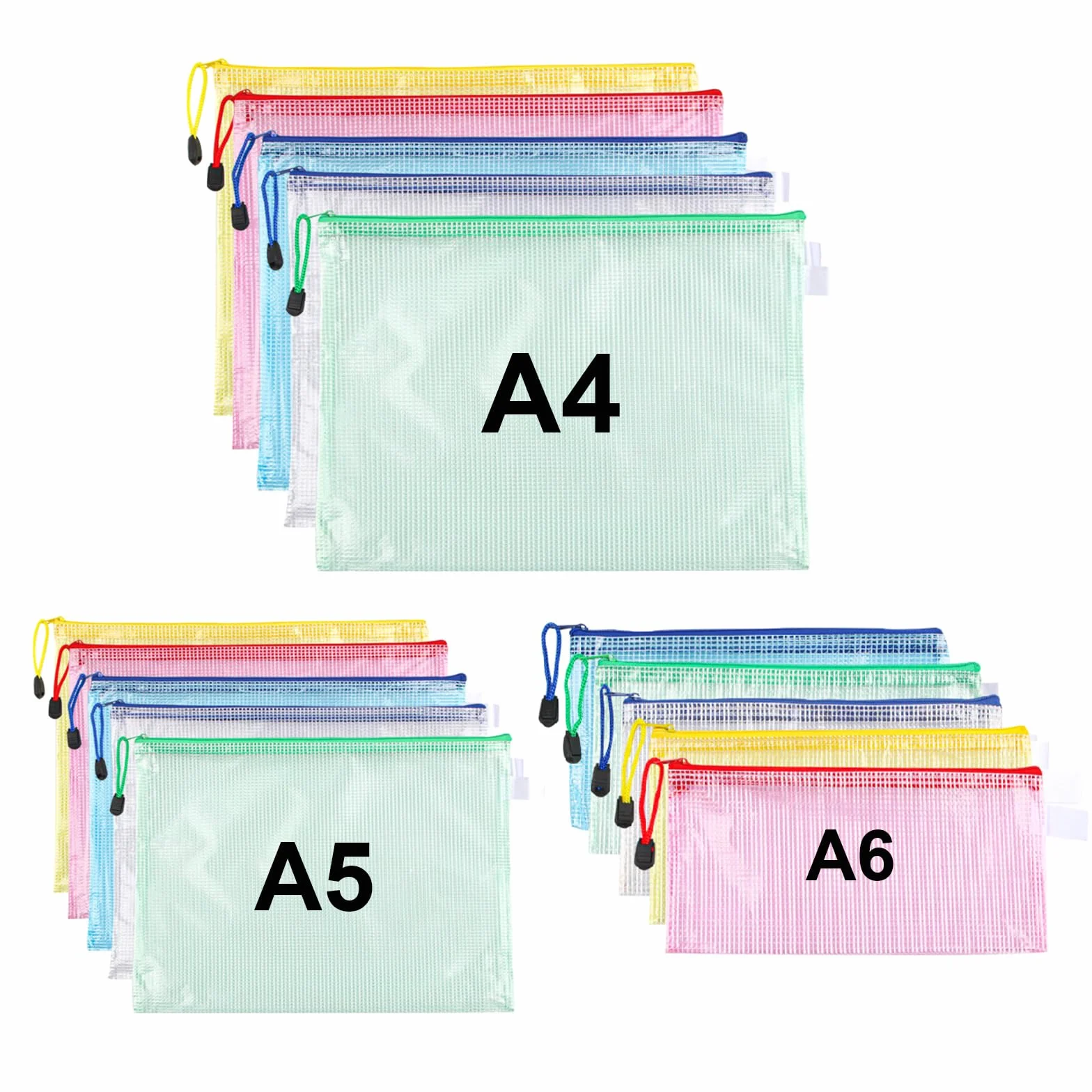 Torba na dokumenty, 15 sztuk, A4 + A5 + A6, z zamkiem błyskawicznym, na przybory biurowe, przybory szkolne, dokumenty, dokumenty, paragony, kosmetyki, 5 kolorów