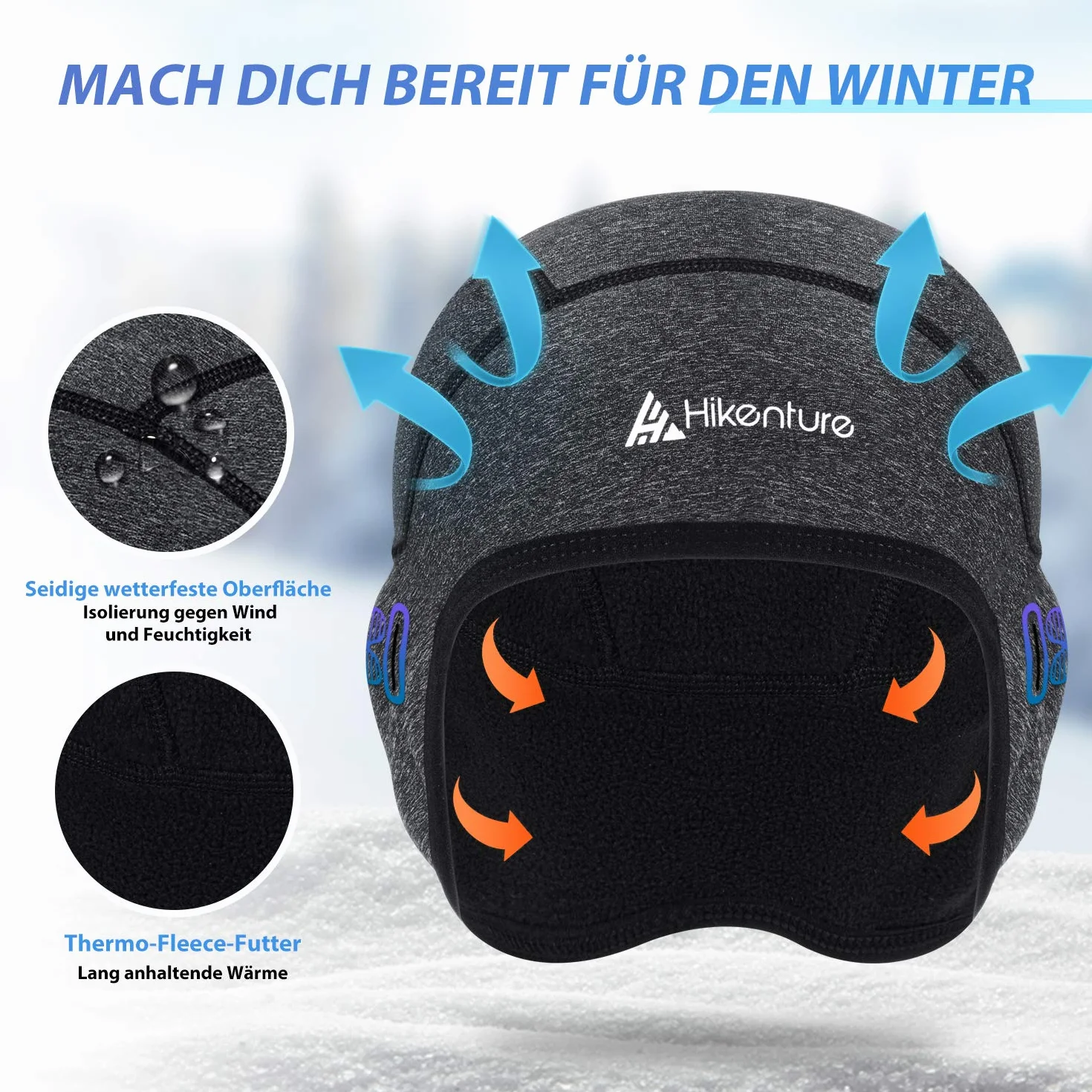 HIKENTURE Czapka zimowa, 2 sztuki, wiatroszczelna czapka rowerowa, ciepła czapka rowerowa, czapka pod kask rowerowy, kask narciarski, wspinaczka, jazda na rowerze