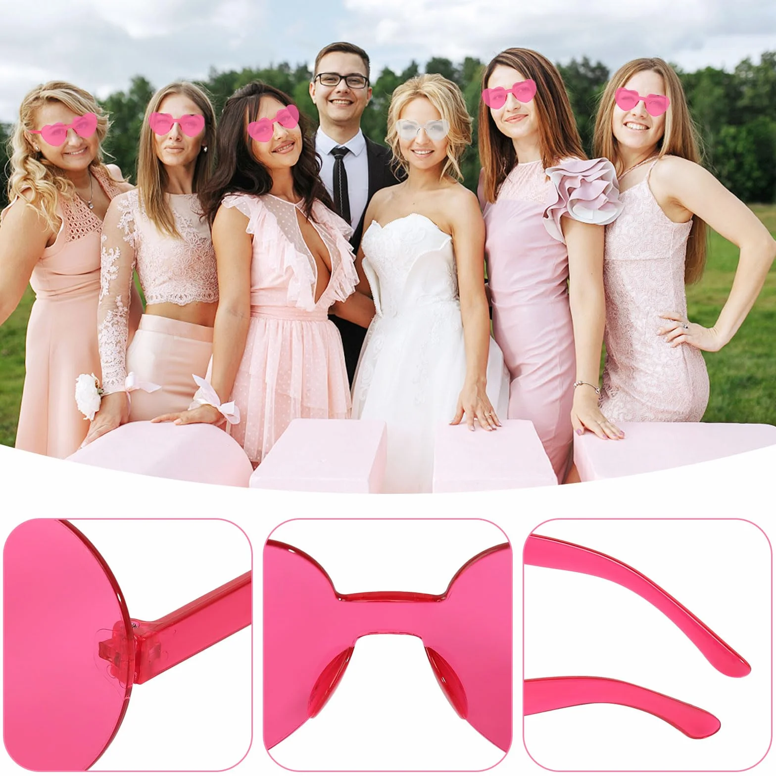 GOSHIES JGA okulary Team Braut zestaw 49 sztuk okularów dla panny młodej z sercem JGA okulary przeciwsłoneczne 1 Bride to be szarpe, 12 okularów w kształcie serca, 12 gumek do włosów, 12 bransoletek