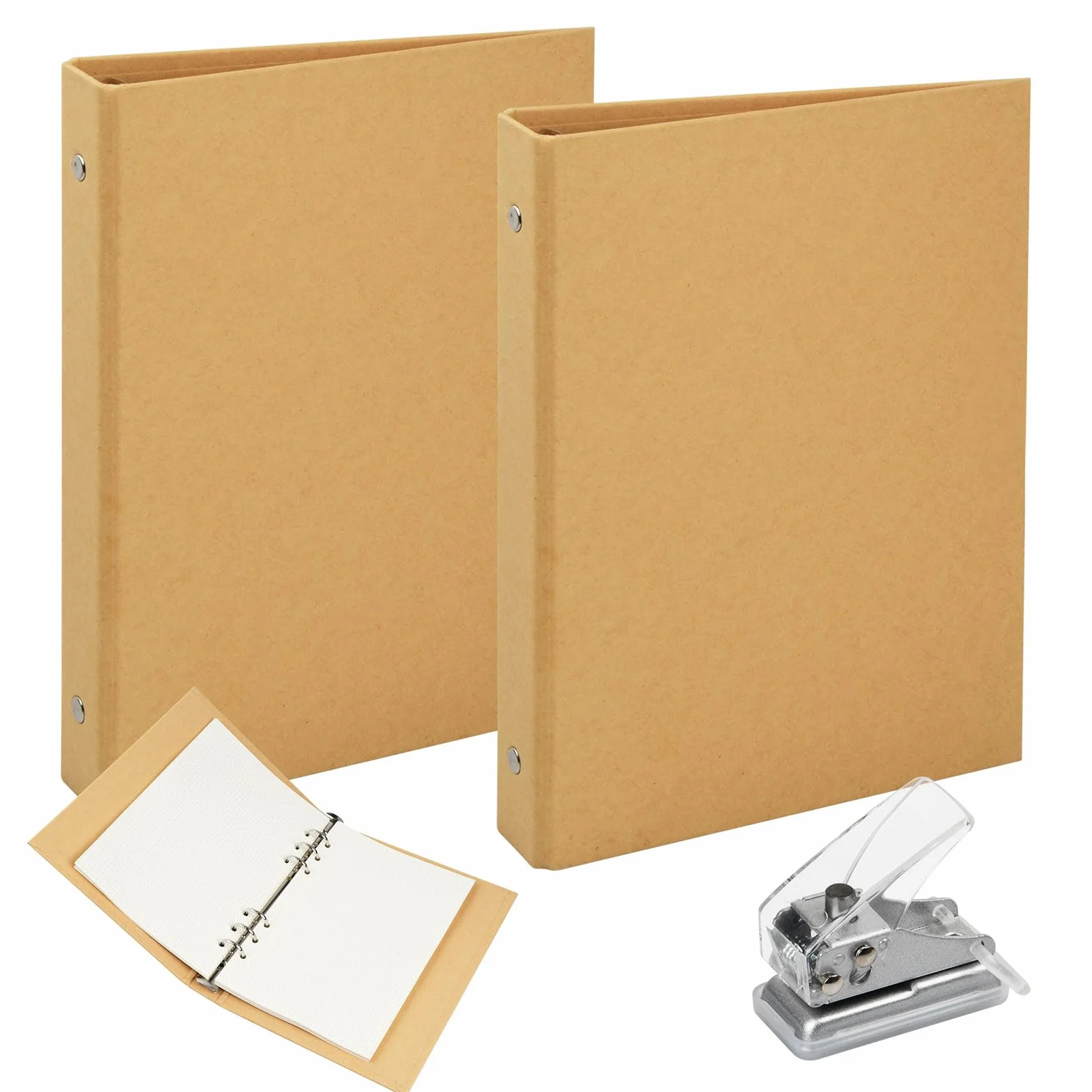 Segregator z papieru typu kraft, A5, 2 sztuki, segregator z mini dziurkaczem, segregator o-ringowy, do ponownego napełniania, do dodawania luźnych kartek, segregator z 6 pierścieniami, do
