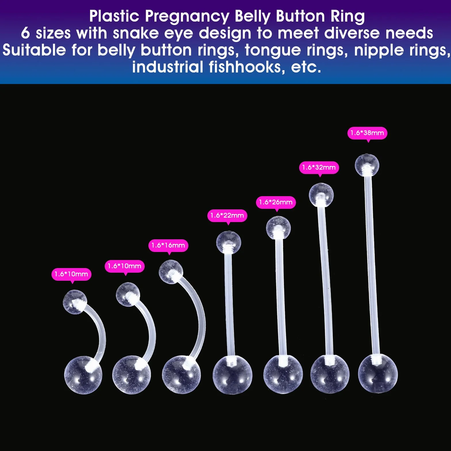 Lusofie Kolczyk do pępka dla kobiet w ciąży, 10-38 mm, z zamiennikiem do piercingu brzucha, kulki, tworzywo sztuczne PTFE, długi pręt do op, bioflex, długość pręcika