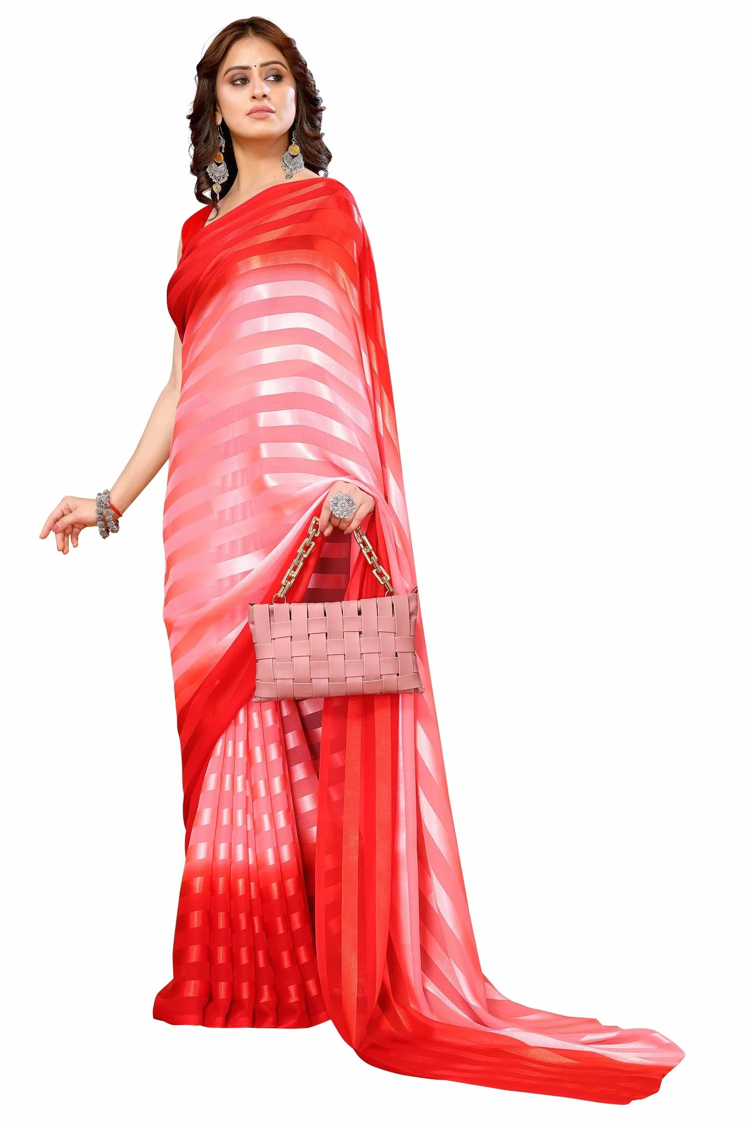 Damskie sari z satynowym wykończeniem, z nieszytą bluzką