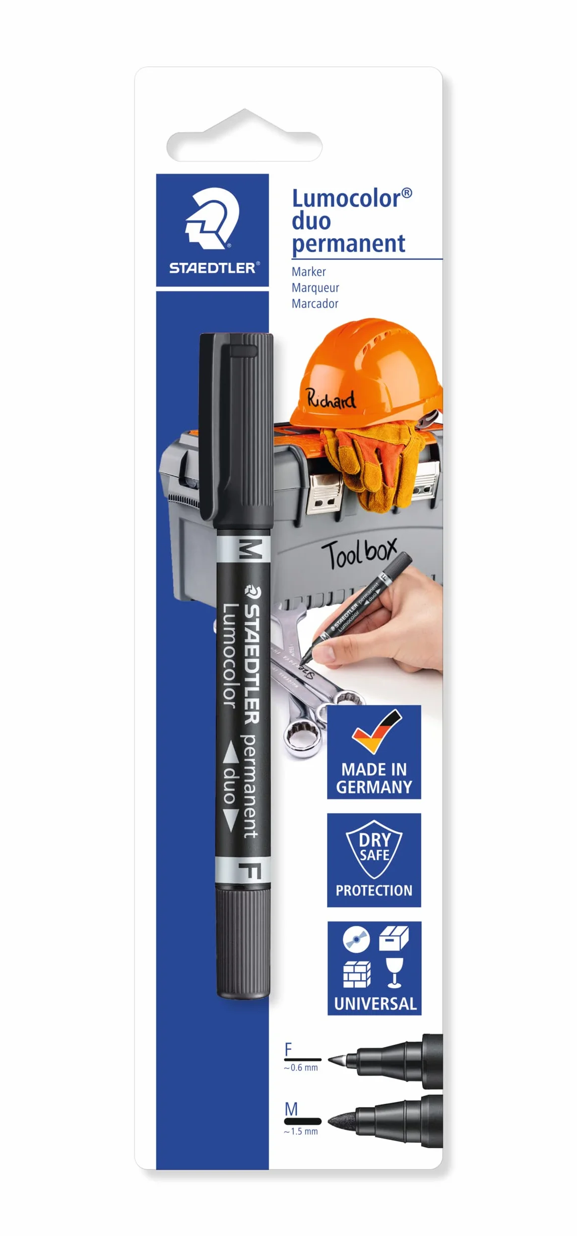 Staedtler Lumocolor duo 348-9 BK-1 Podwójny trwały marker 348 do oznaczania dużych i małych narzędzi i skrzynek narzędziowych, wodoodporny, odporny na światło, czarny, 2 końcówki F+M