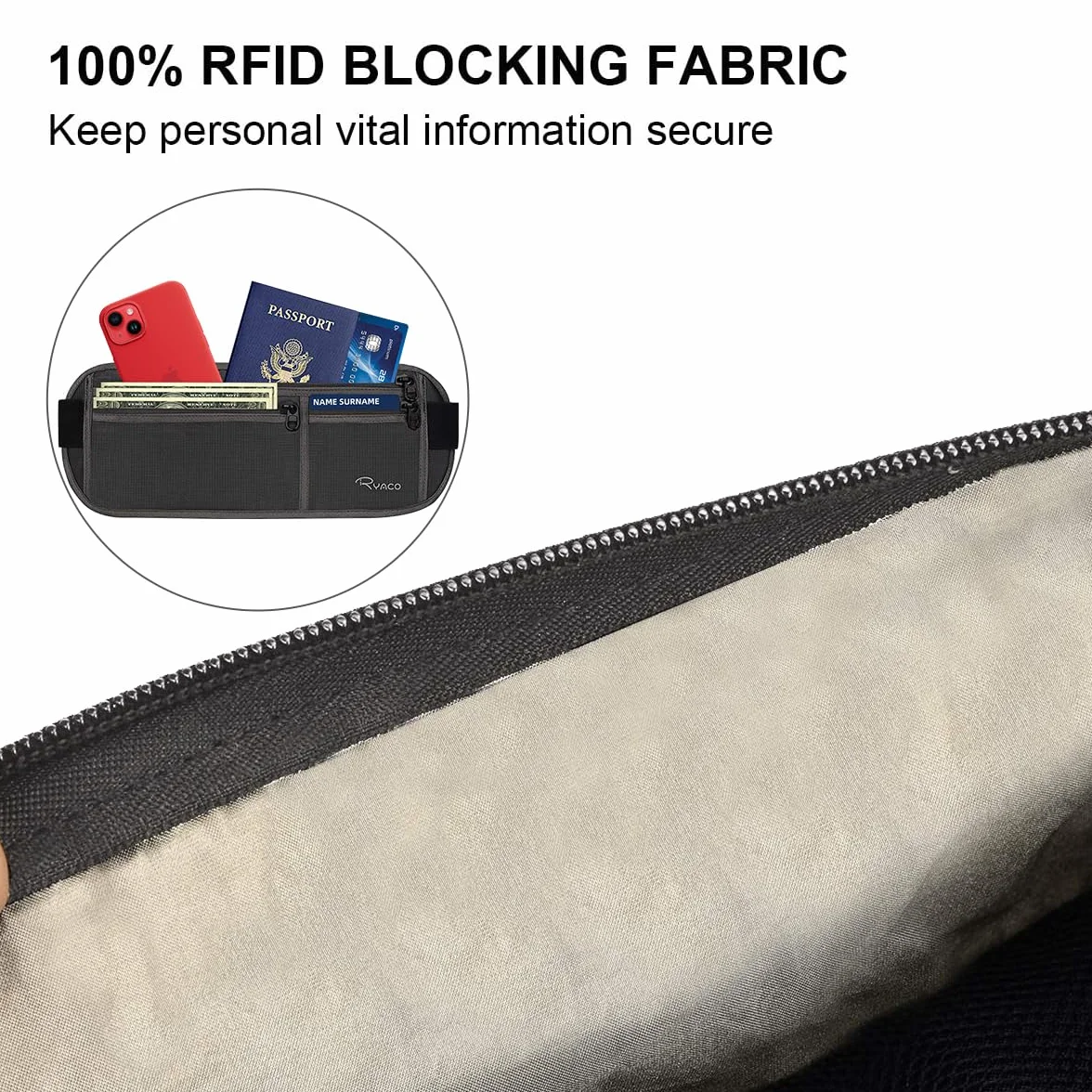 RYACO Podróżny pasek na pieniądze, saszetka biodrowa RFID do biegania, jazdy na rowerze, wędrówek - trwały, wygodny, lekki, bezpieczny, ukryty portfel na paszport podróżny