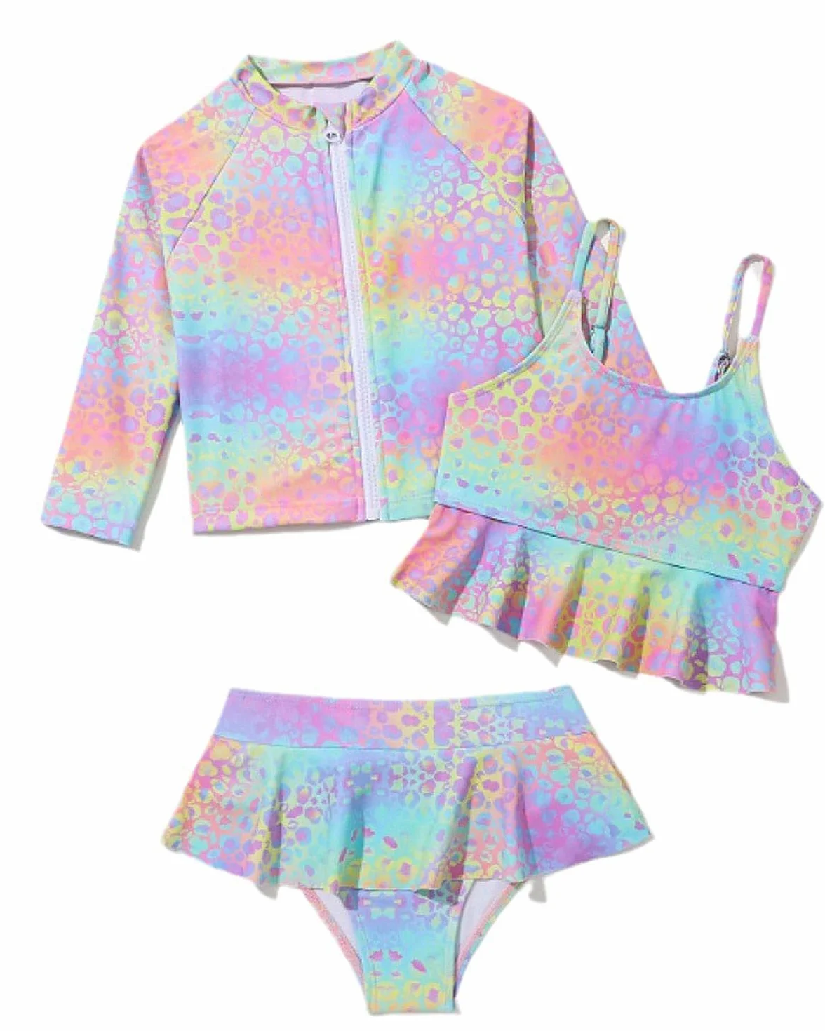WYTbaby 3-częściowy strój kąpielowy dla dziewcząt, zestaw Rash Guard z długim rękawem, szorty z falbanką, zestawy tankini, dziewczęcy strój kąpielowy 3-9 lat