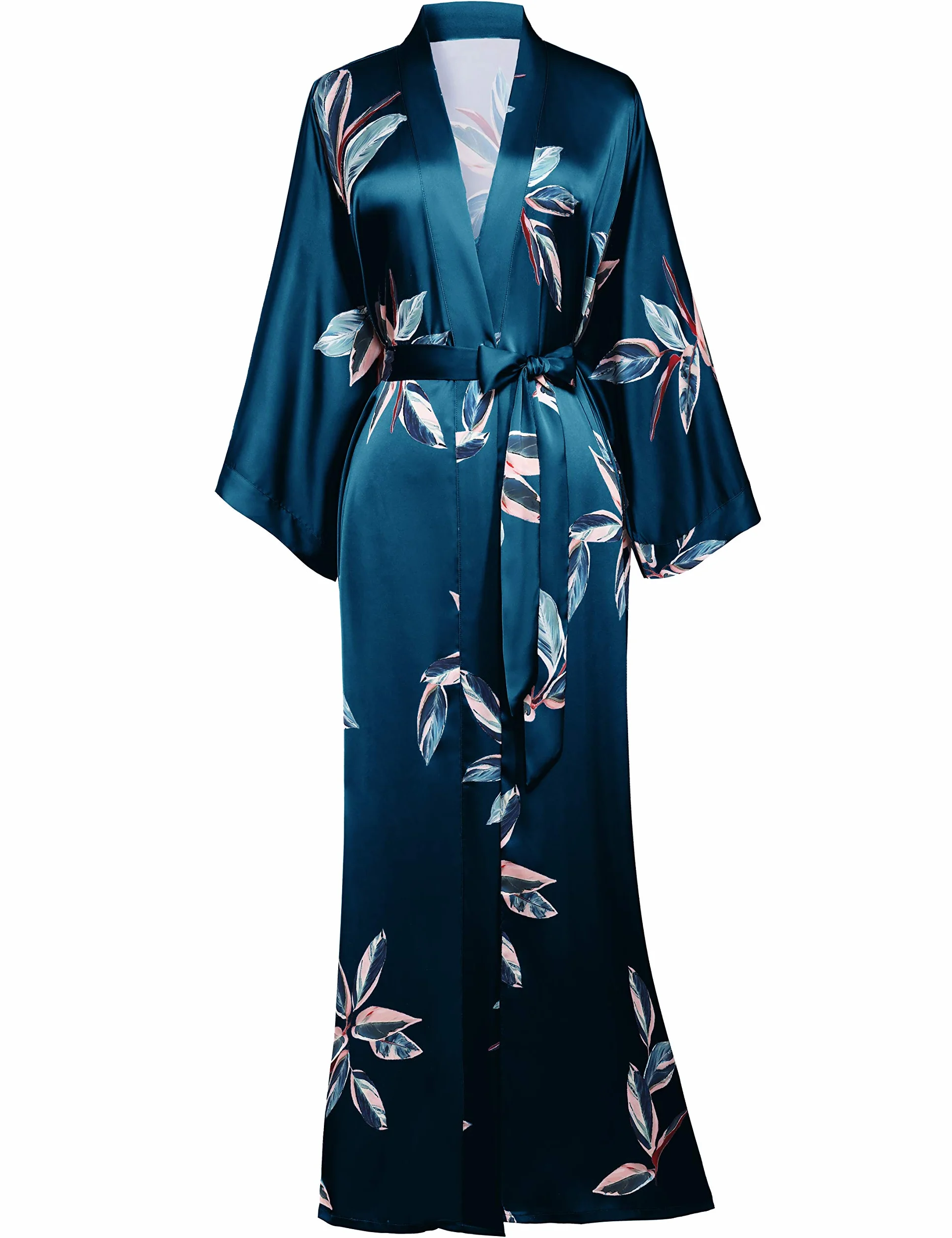 BABEYOND Damski szlafrok poranny wzór liść maxi długi Robe kimono lato satynowy szlafrok damski sukienka plażowa lekki płaszcz do spania
