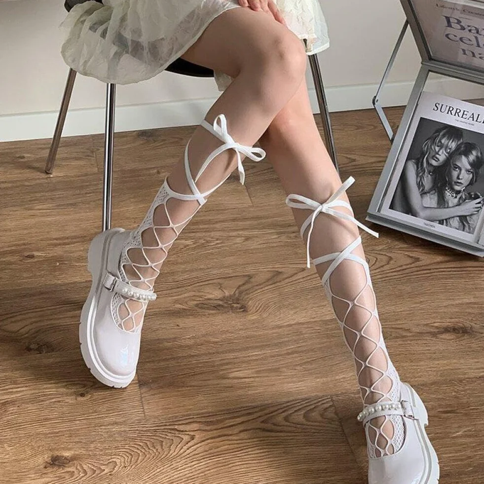 Koronkowe Pończochy Kobiety 1 Para Bandaż Skarpetki Do Kolan Krzyż Skarpetki Antypoślizgowe Rajstopy Rybne Dla Dziewczyn Lolita Cosplay