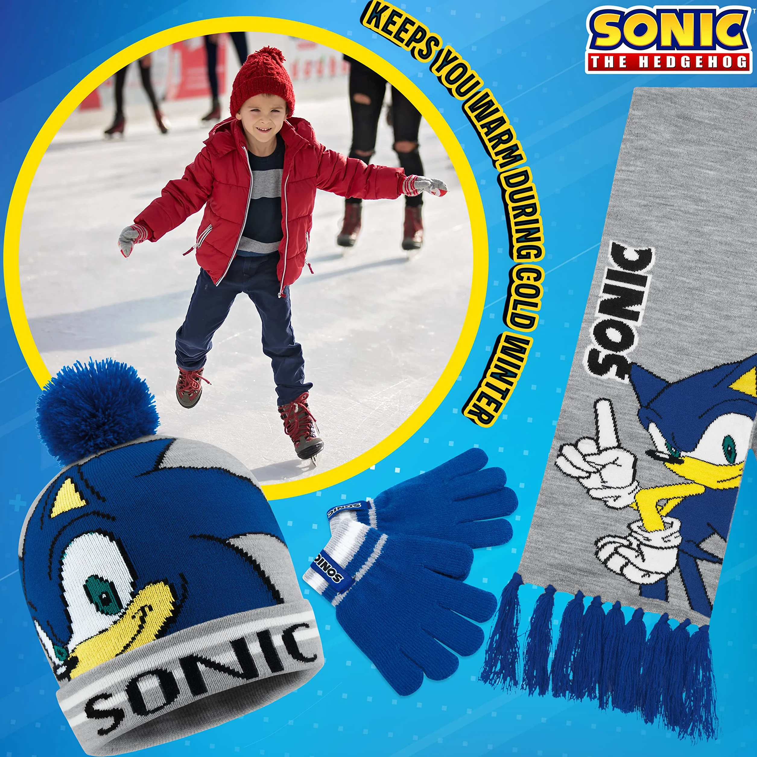 SONIC THE HEDGEHOG Czapka beanie szalik i rękawiczki zestaw dla chłopców