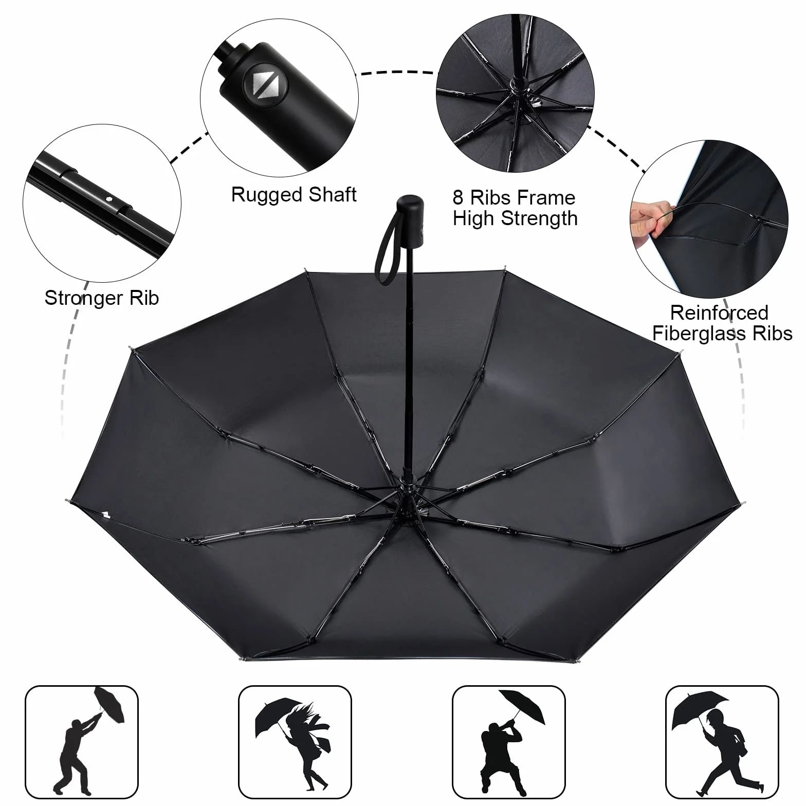 Parasol Vicloon, parasol składany, automatyczny otwierany-zamykacz, parasol odporny na burze, powłoka teflonowa 210T, lekki, mocny, dla mężczyzn i kobiet (Elegancki Czarny)