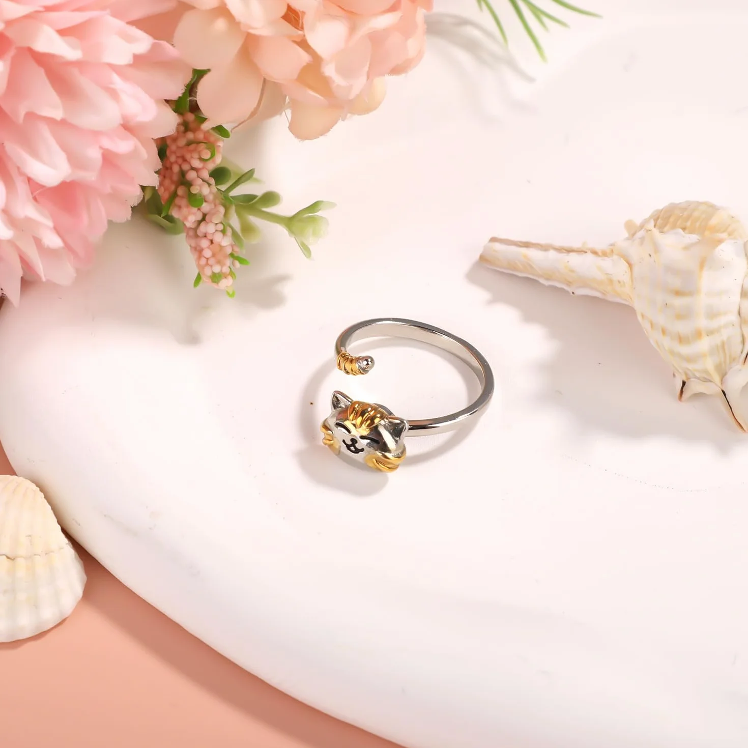 Fidget Ring Kobiety, Platerowane Srebro Obrotowe Pierscionki Zwierze Uroczy Pierscionek z Kotem Otwarte Regulowana Bizuteria Fidget dla Relaksu