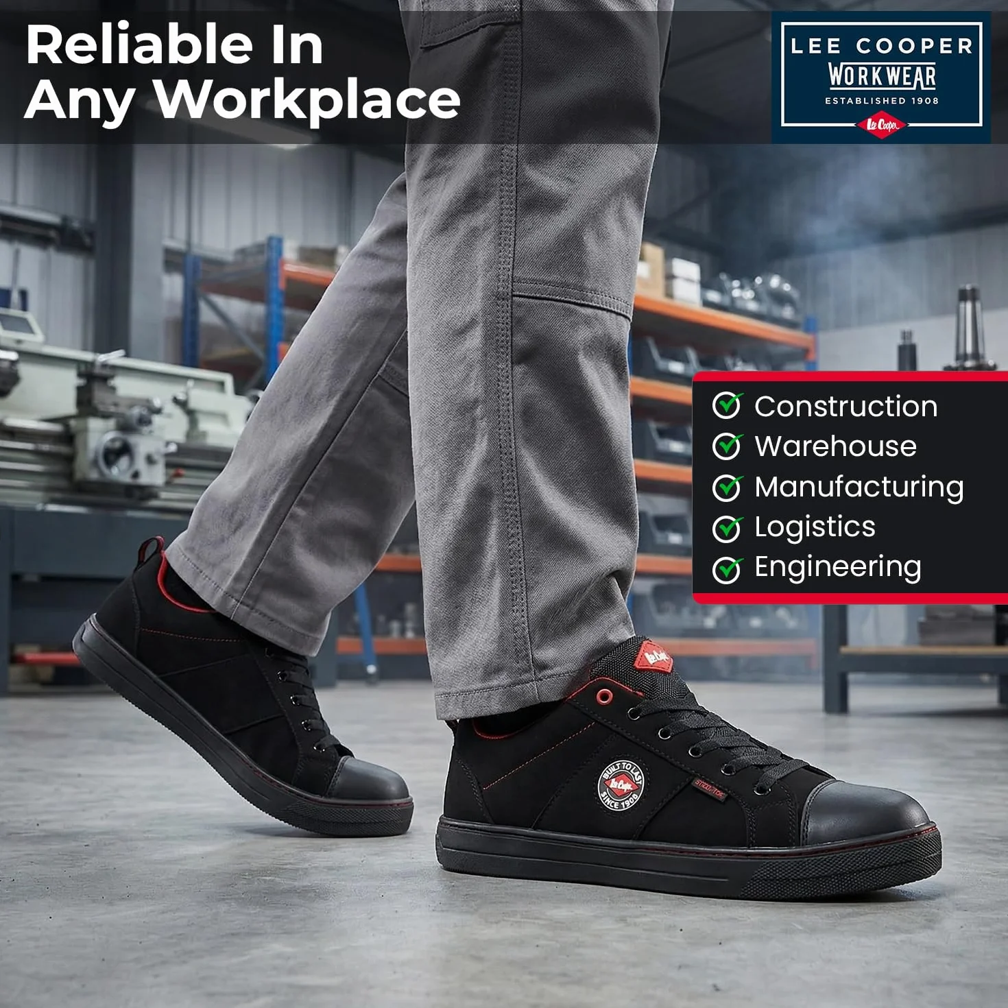 Lee Cooper ‎LCSHOE054 Unisexowe obuwie ochronne robocze SB/SRA w stylu retro baseball nowoczesny design buty robocze BHP, Czarny, 36 EU