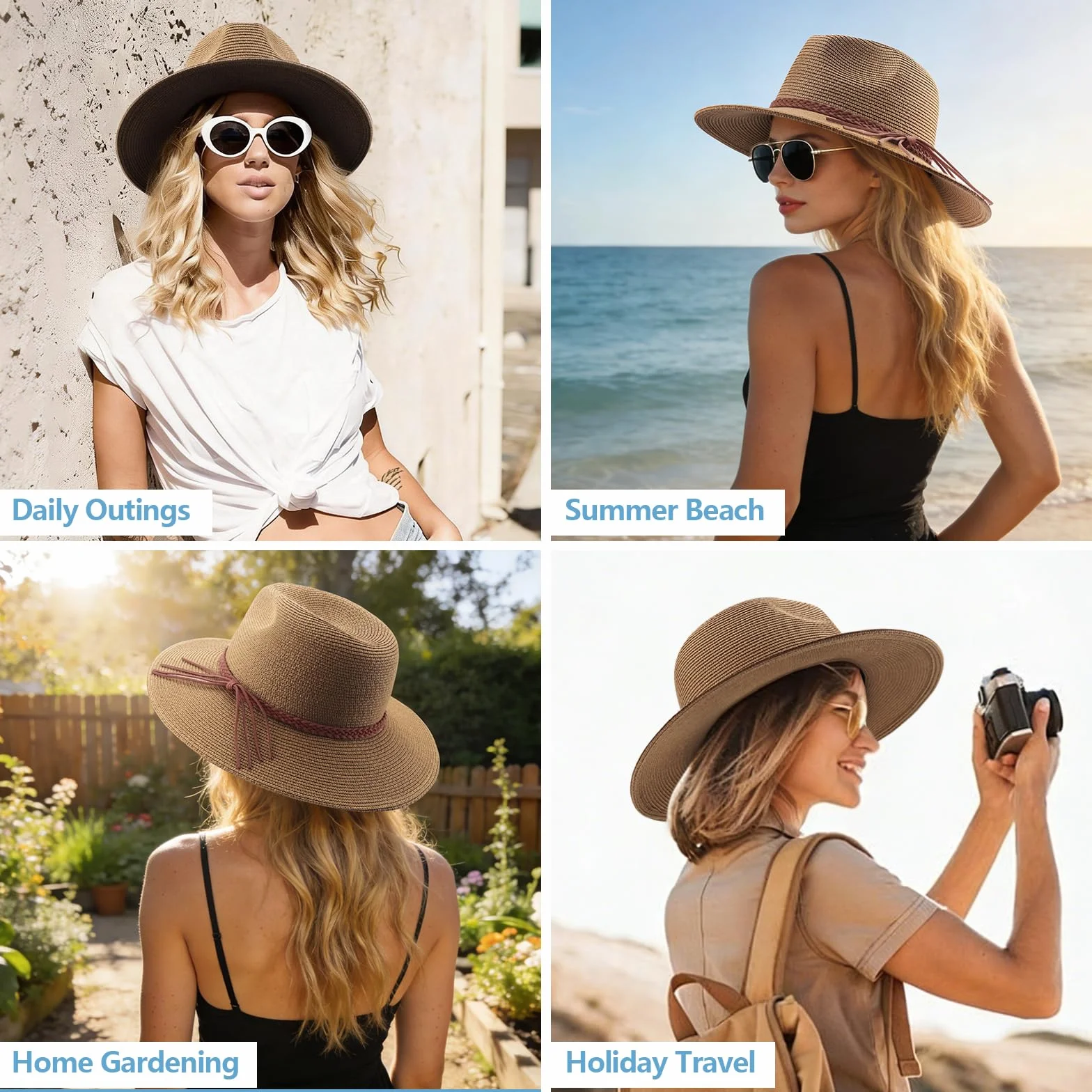 DRESHOW Damski słomkowy kapelusz typu panama Fedora Beach Sun Hat z szerokim rondem Roll-up Hat ze słomy UPF 50+