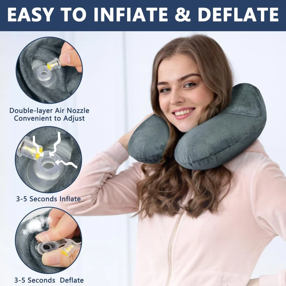 flintronic Nadmuchiwana poduszka podróżna, ultralekka i kompaktowa poduszka powietrzna, miękki aksamit, zmywalna poszewka na poduszkę, ergonomiczna poduszka na szyję, idealna do biura samolotu