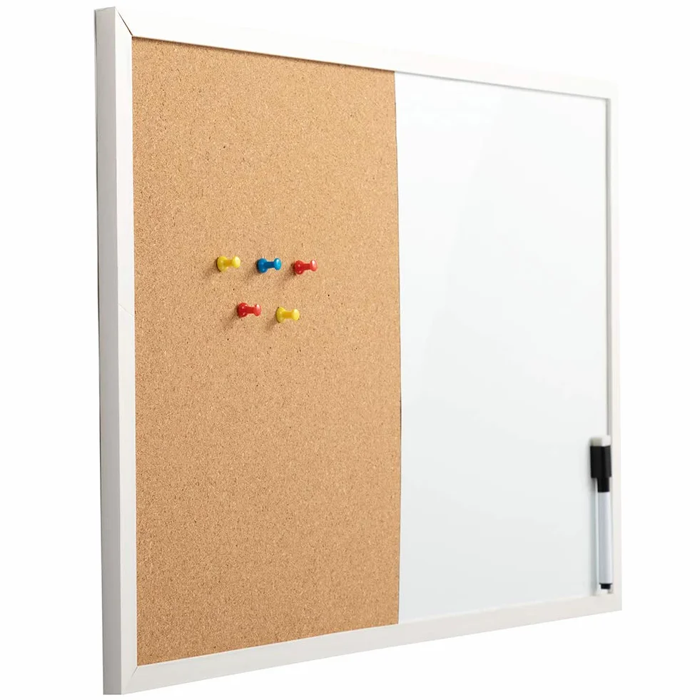 DOEWORKS 60 x 40 cm tablica magnetyczna i tablica korkowa, montowana na ścianie tablica ogłoszeń suchościeralna/tablica korkowa połączenie z białą drewnianą ramą