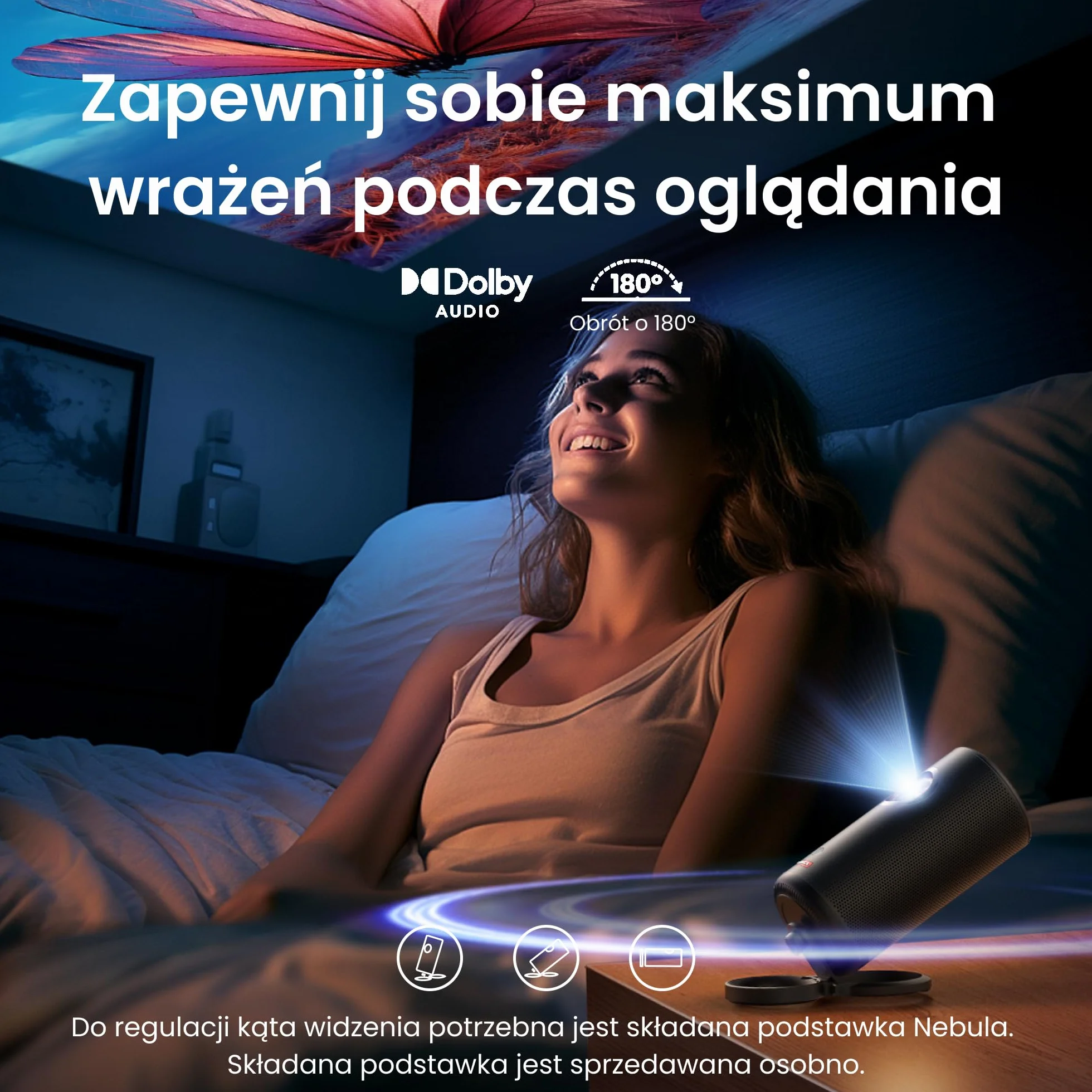 Projektor laserowy NEBULA Capsule 3 GTV, 300 lumenów ANSI, mini projektor Smart TV 1080p z Wi-Fi, mobilny do użytku na zewnątrz, Dolby Digital, projektor laserowy, autofokus, obraz 120 cali