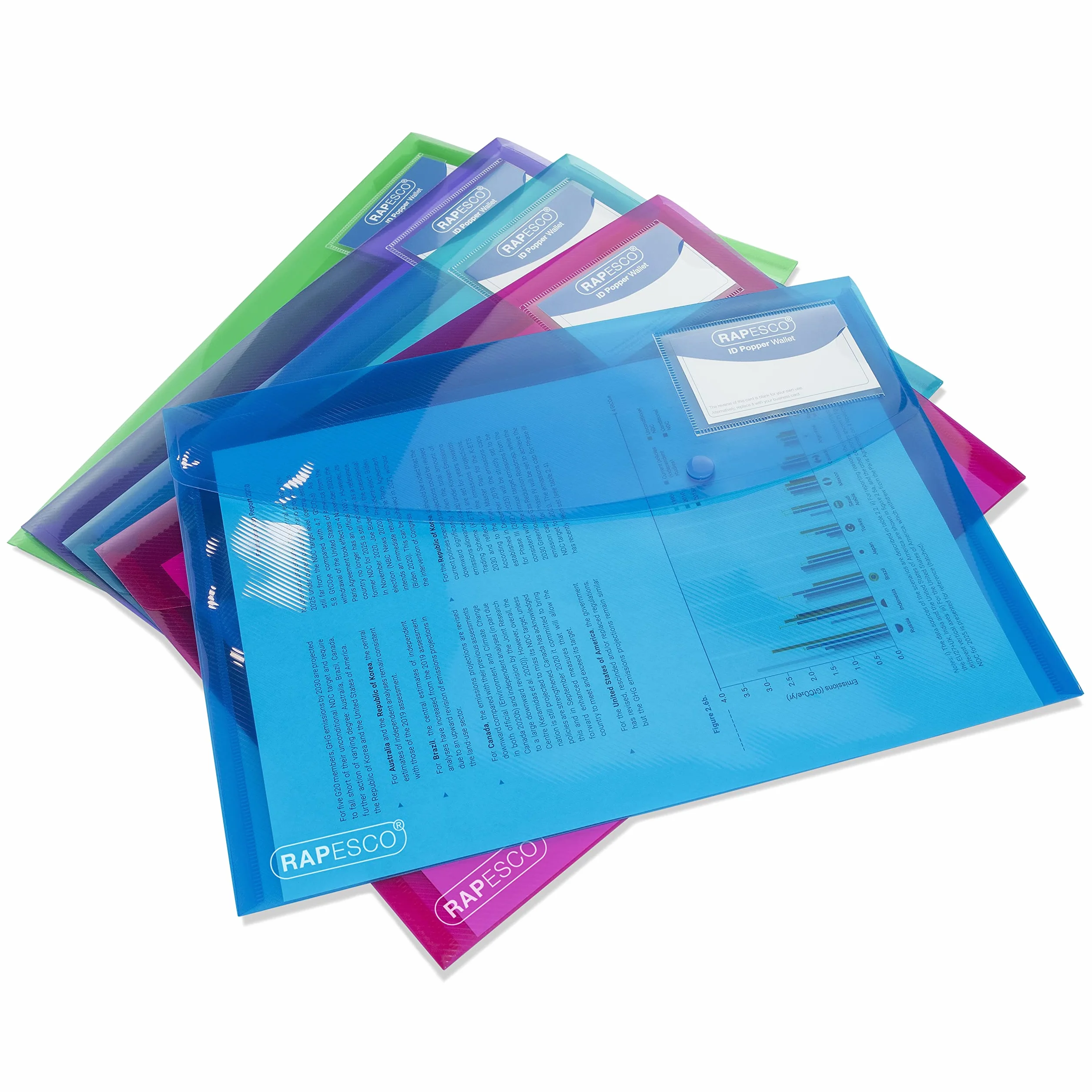Rapesco 0700 ECO Recyklingowanego Plastikowe Portfele z Kieszenią na Etykietę, A4, Różnie Jasne Przezroczyste Kolory, Opakowanie 5