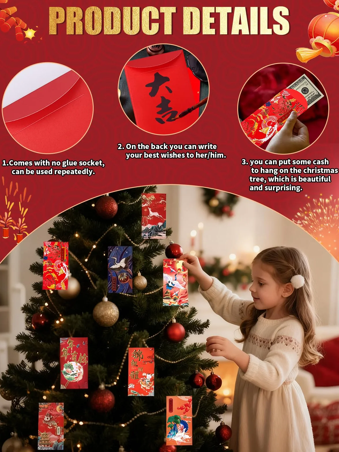 Kalolary Chiński Nowy Rok Czerwona Koperta Szczęście Hong Bao Chiński Styl Brązujący Wzór Tradycyjne Czerwone Kieszenie na pieniądze na Święto Wiosny, Urodziny i Ślub (60)