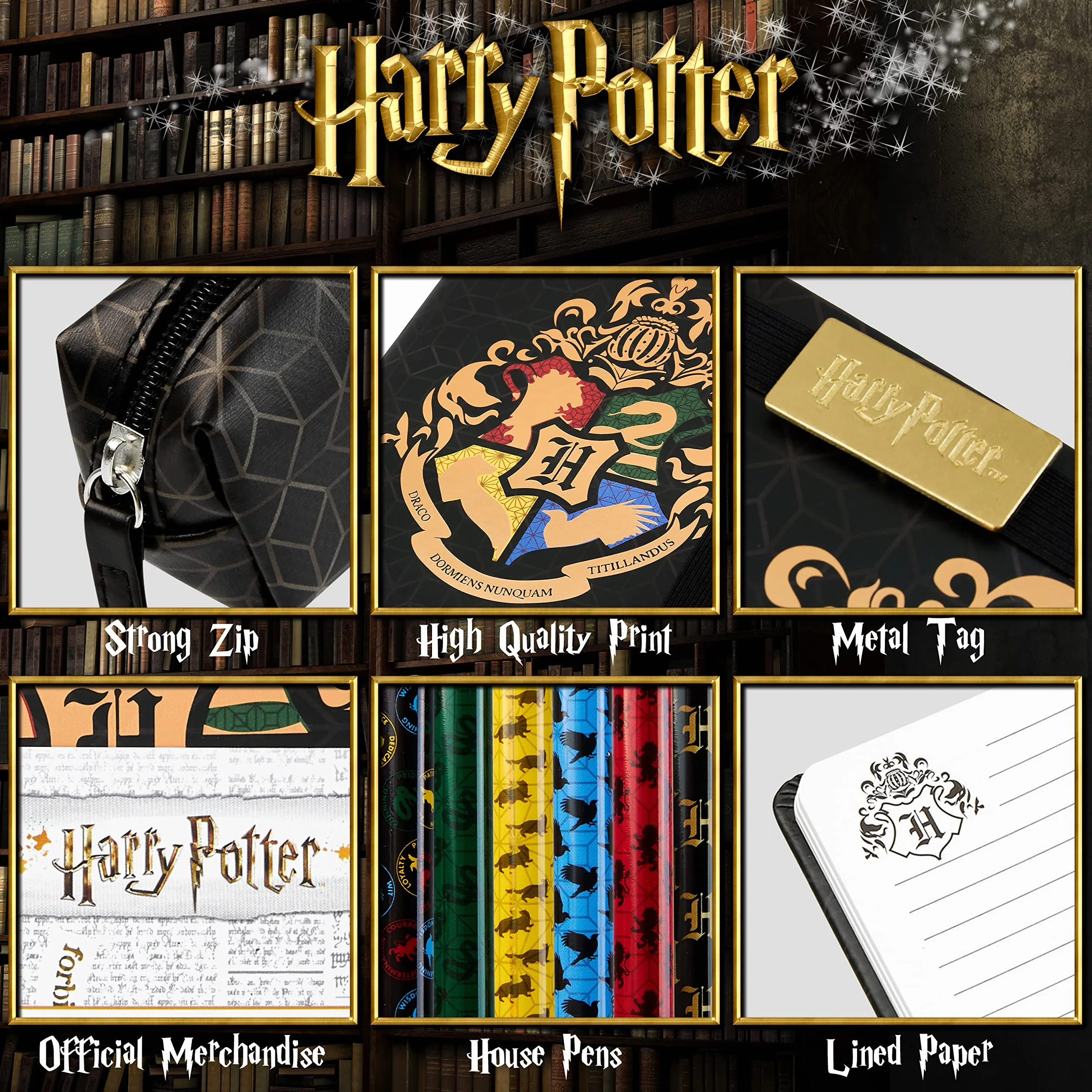 Harry Potter Notatnik A5 i Piórnik dla Dziewczynek i Chłopców z Długopisami, Przybory Szkolne dla Dzieci i Nastolatków (Czarny/Złoty)