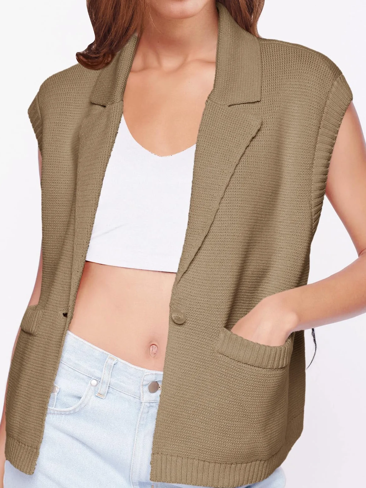 Saodimallsu Damski sweter z dzianiny bez rękawów, dekolt w serek, kardigan, otwarty przód, jednokolorowa kamizelka z dzianiny z kieszeniami, sweter tank top