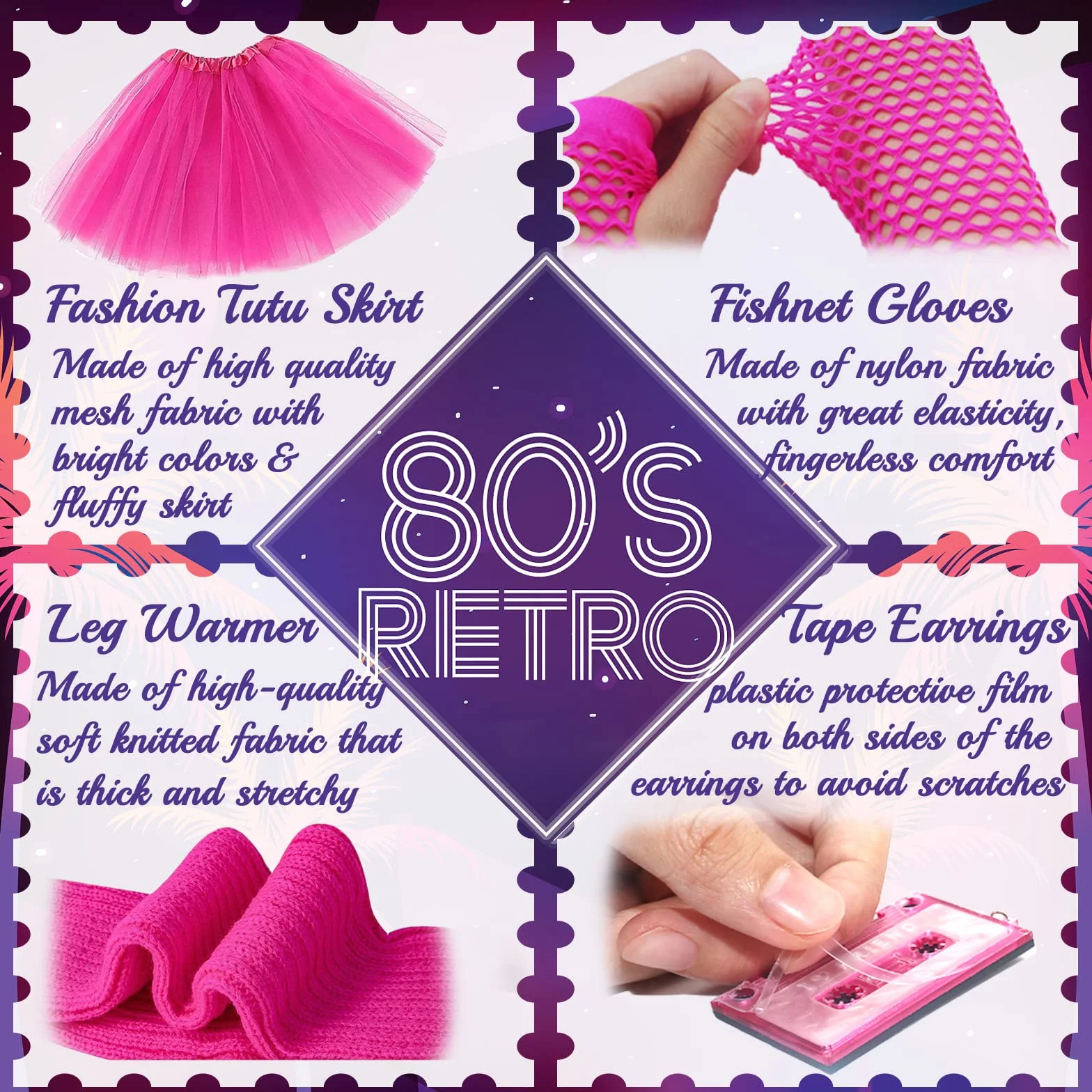 Fantazyjna sukienka dla kobiet i dziewcząt z lat 80. XX wieku, zestaw akcesoriów na imprezę, tęczowa spódniczka tutu, ocieplacze na nogi, kabaretki, rękawiczki, okulary, kolczyki, bransoletka,