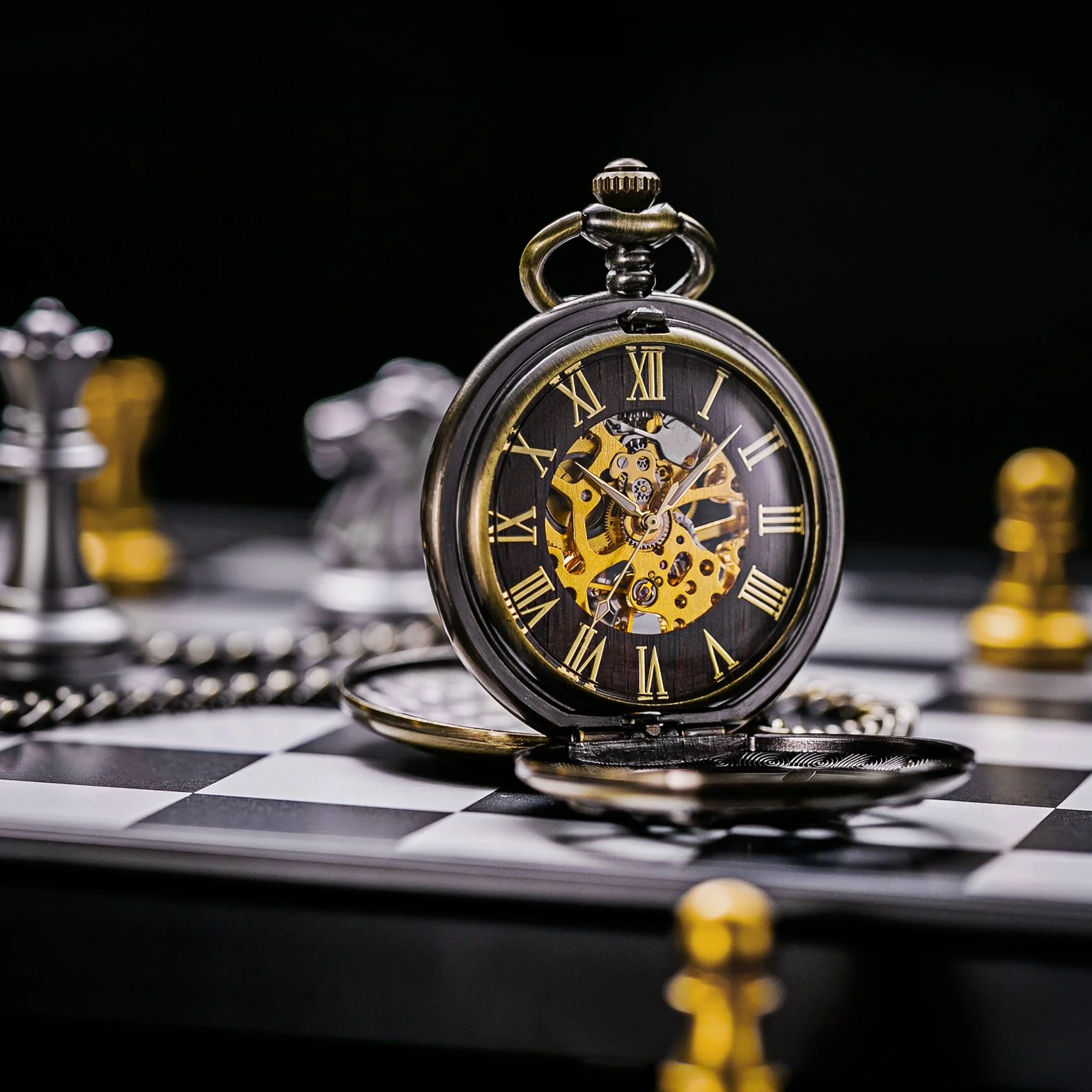 TREEWETO Unisex zegarek kieszonkowy z łańcuszkiem analogowy mechaniczny nakręcany ręczny podwójny zawias wiosło szkielet brąz, Bronze036
