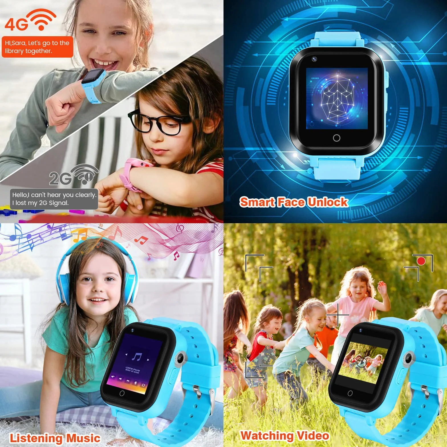 Smartwatch dziecięcy 4G IP67, wodoszczelny zegarek dziecięcy z pozycją GPS, aparatem, SOS, połączeniami, krokomierzem, ekranem dotykowym, wideo-chat, Smart Watch dla chłopców i dziewczynek (niebieski