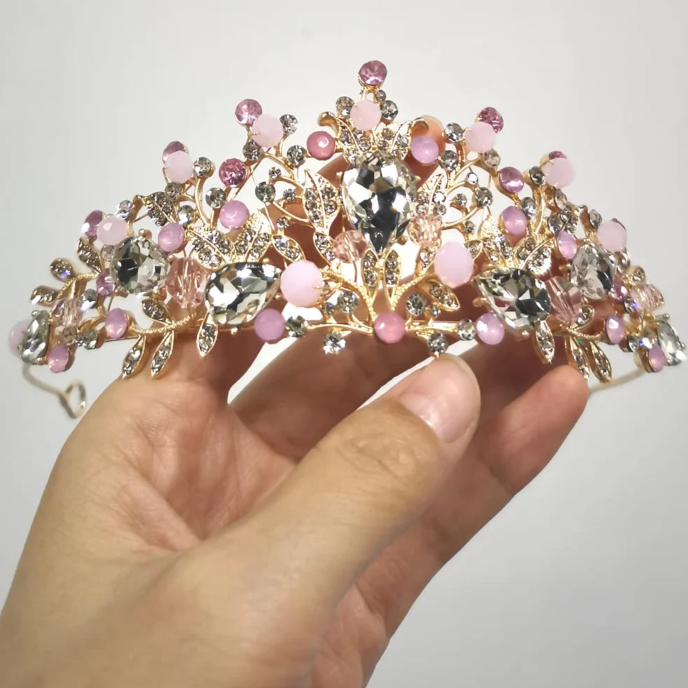 Tiara księżniczki, różowa, kryształowa, perła, kostium korona, korona, opaska na czoło, dla panny młodej, ozdoba do włosów, dla dziewcząt, na imprezę, akcesoria, Kryształ, Perła