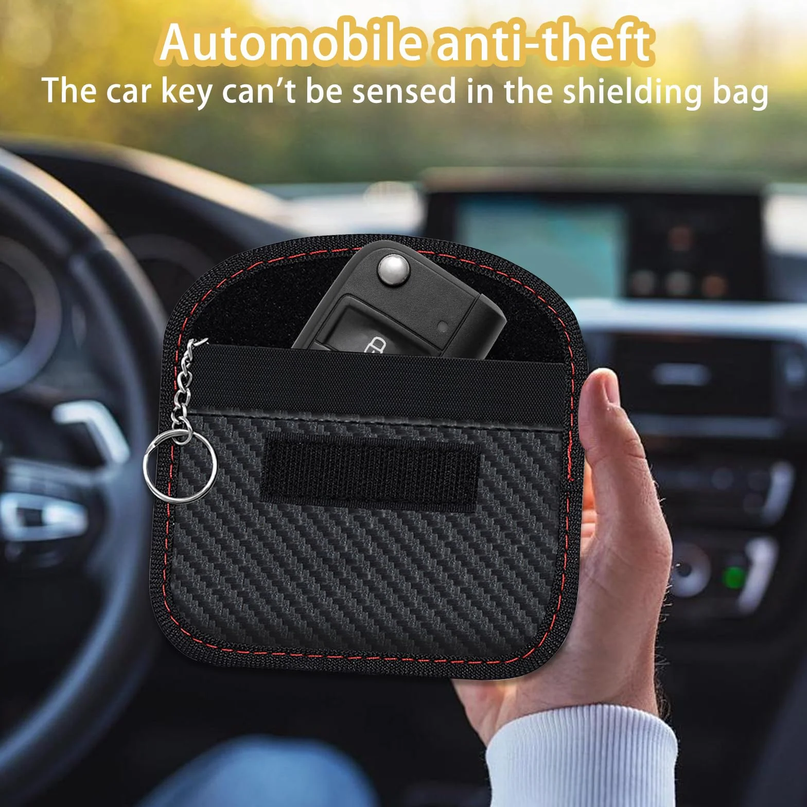 Faraday Bag Keyless Go Etui Ochronne na Kluczyki Samochodowe z Włókna Węglowego, Ochrona Przed Promieniowaniem, RFID, Blokujące Radio, z Hakiem i Kółkiem