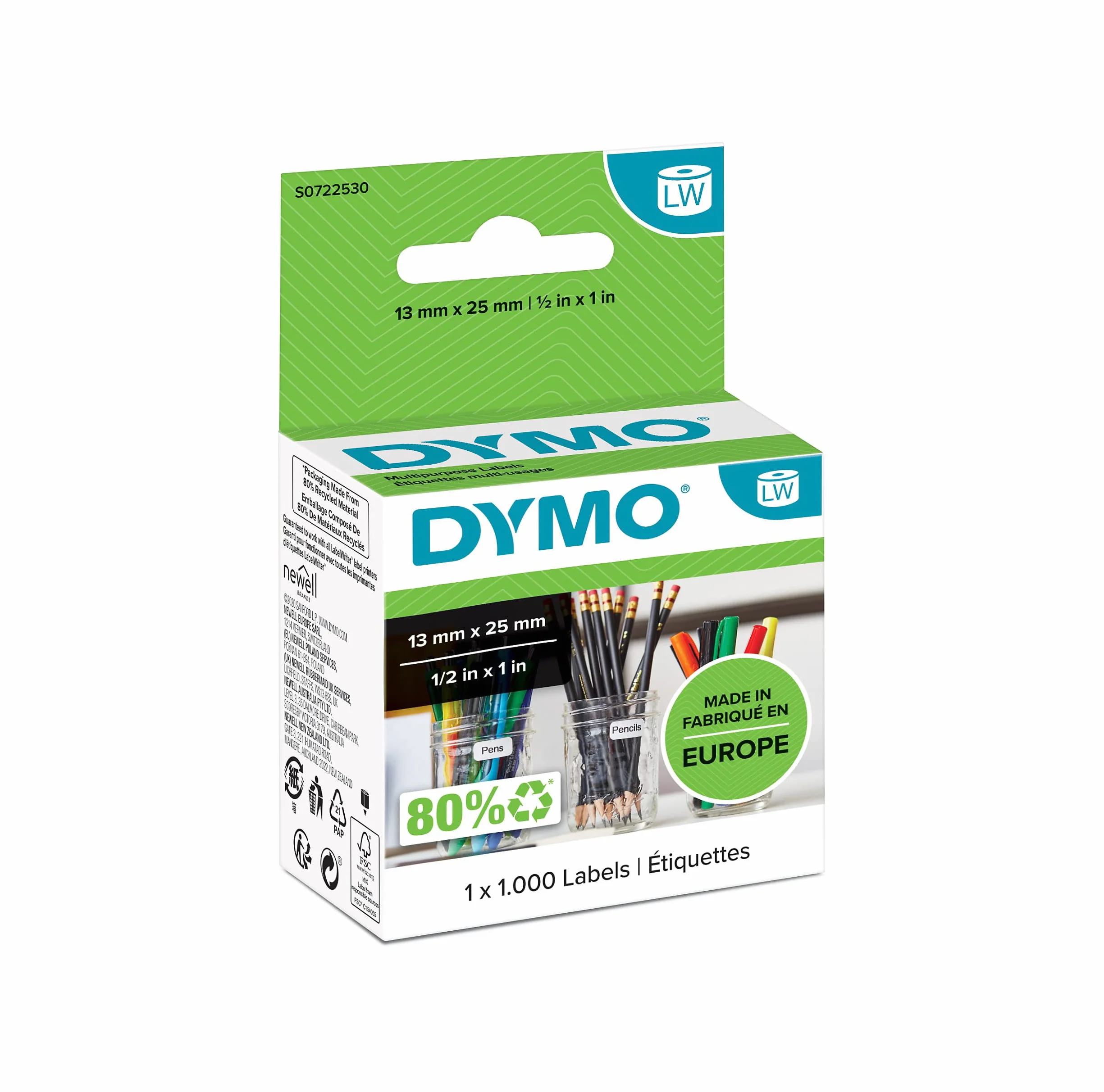 DYMO Oryginalne etykiety uniwersalne LabelWriter (małe) | 13 mm x 25 mm | rolka z 1000 łatwymi do odklejenia etykietami | samoprzylepne | do drukarek etykiet i urządzeń do etykiet LabelWriter