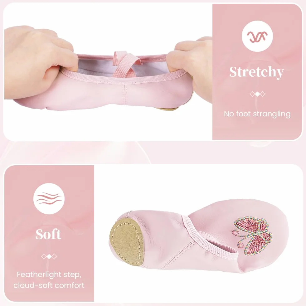 Buty baletowe dla dziewczynek – lekkie buty baletowe ze skórzaną podeszwą, różowe motyle dla dzieci z elastycznymi, skrzyżowanymi paskami, odpowiednie do jogi, baletu, tańca, gimnastyki