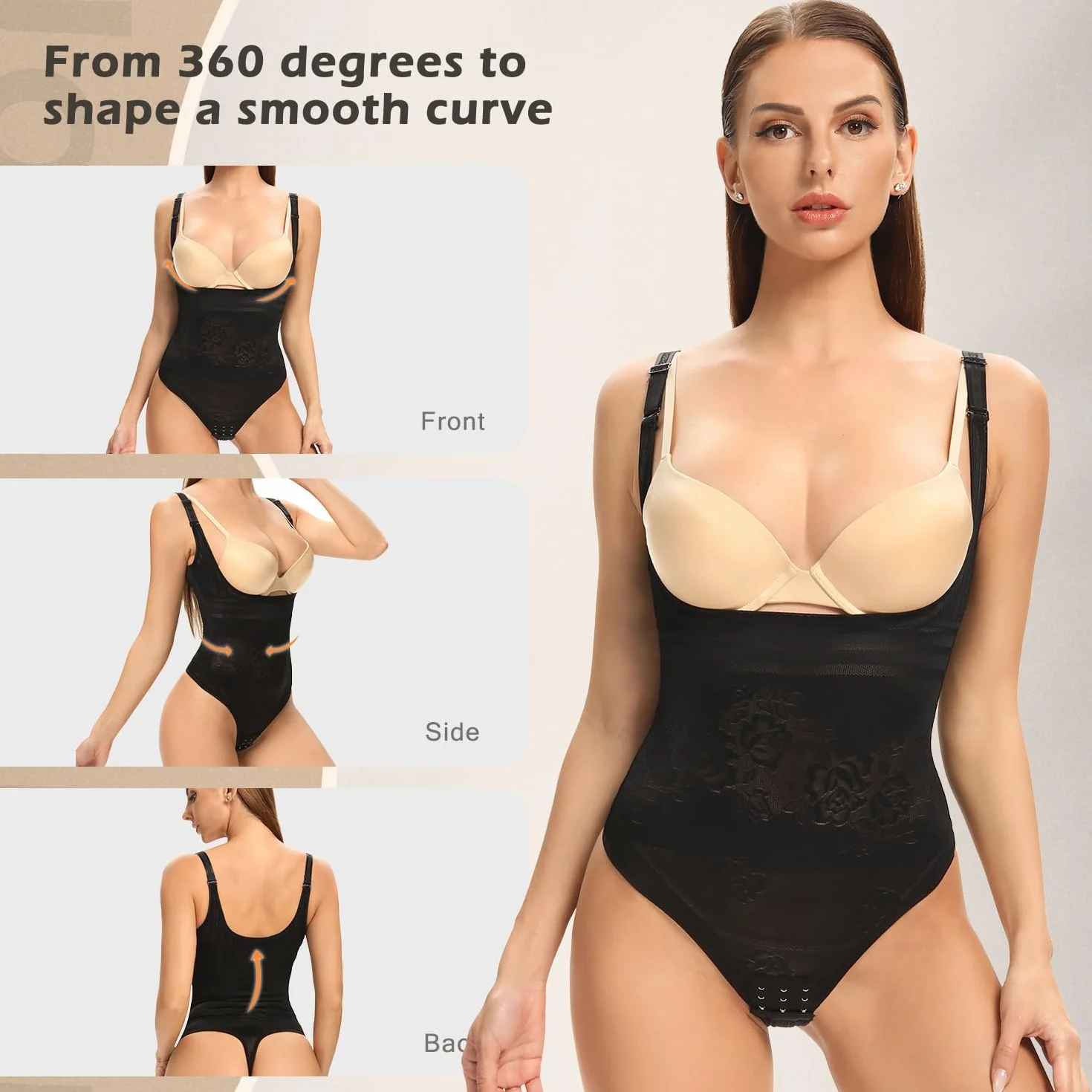 Joyshaper Figurformujący Body Damski Tanga Mocno Wyciągające Talię Formujące Body Bielizna z Haftkami Modelujący Bodysuit, czarny (schwarz-1), M