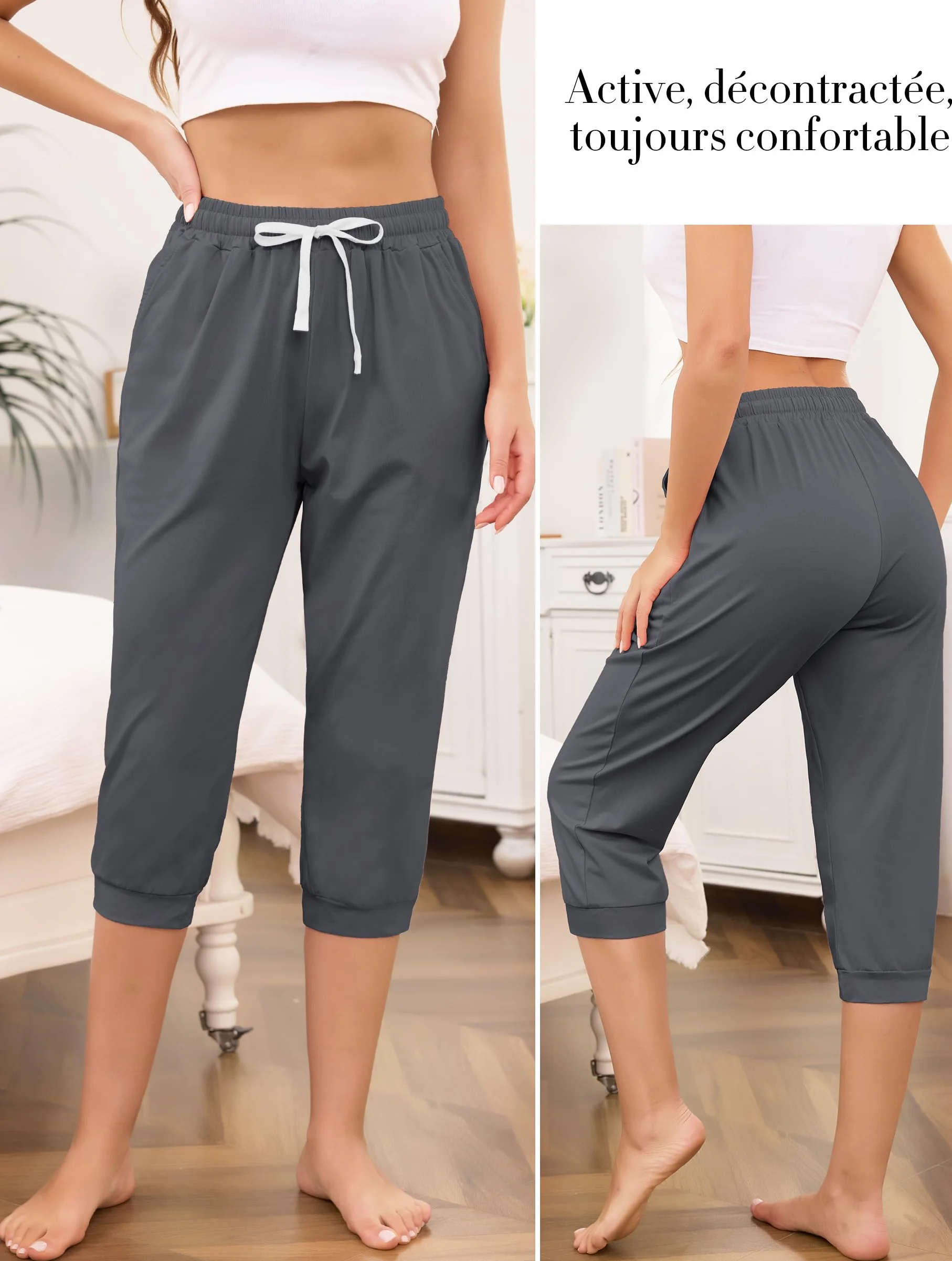 Vlazom Damskie spodnie do jogi capri spodnie dresowe ze sznurkiem spodnie dresowe z kieszeniami do salonu siłowni biegania treningu S-3XL