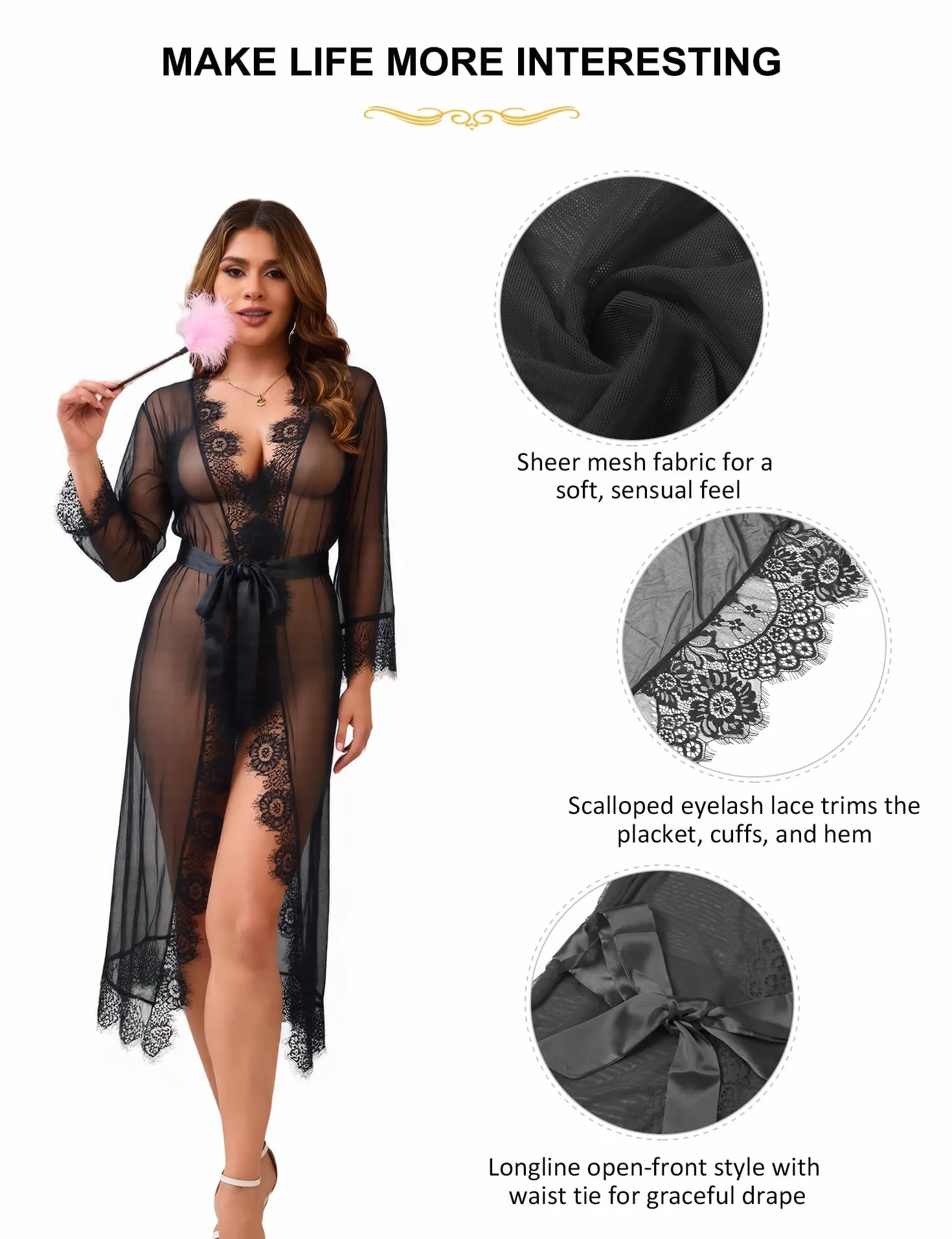 Kimono Daman, długie, seksowne, tiulowe, koronkowe, szlafrok poranny, duże rozmiary, negliż, długi rękaw, babydoll, z koronką do rzęs, przezroczysta bielizna erotyczna z paskiem, na plażę