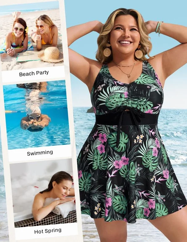 Hanna Nikole Zestawy tankini plus size dla kobiet, dwuczęściowe stroje kąpielowe, sznurki, dziurka od klucza, sukienka kąpielowa z szortami kąpielowymi, kontrola brzucha, skromny kostium kąpielowy