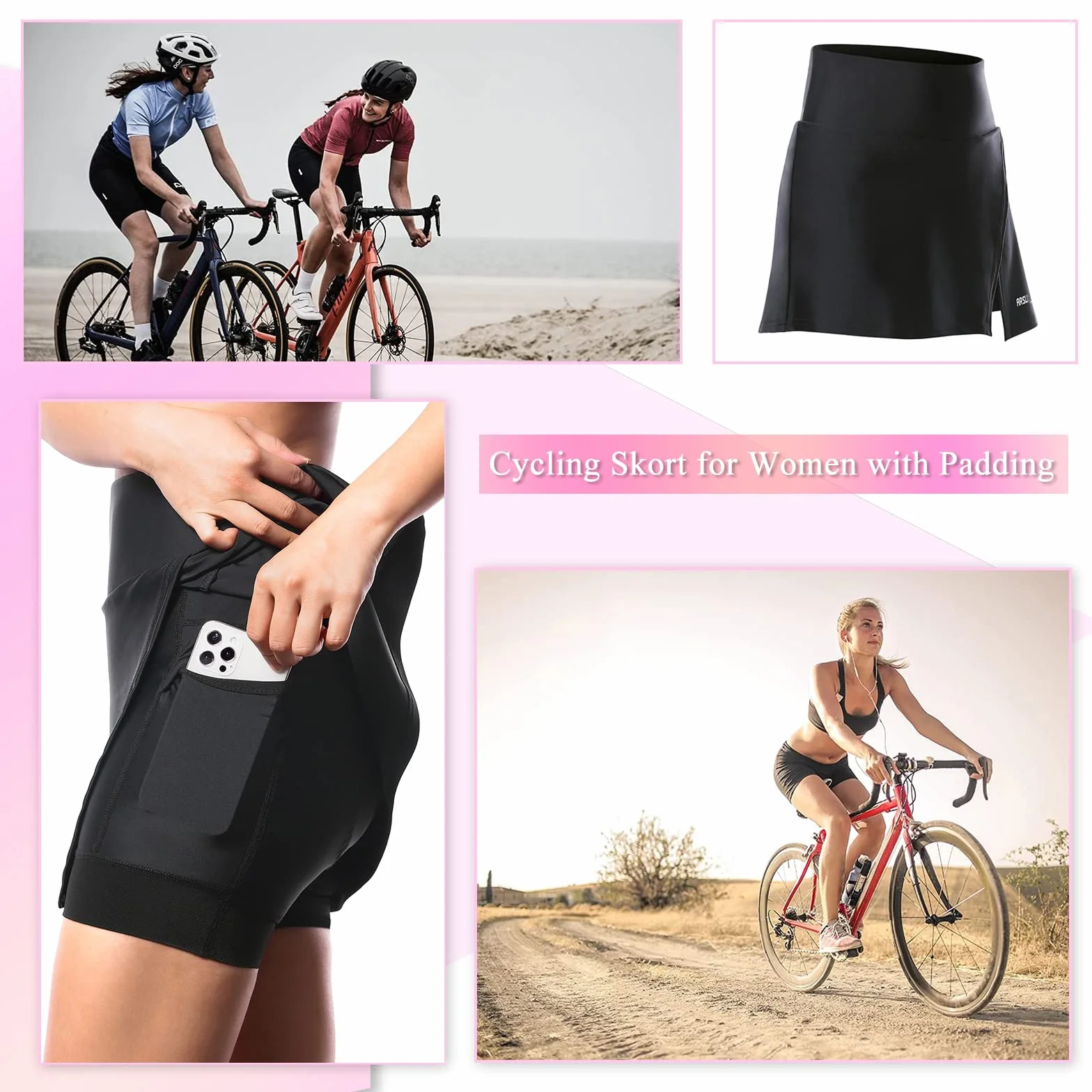 Wyściełane Spodenki Rowerowe 2 w 1 Damskie Skort Rowerowy z Podkładką Żelową 5D, Damskie Spodenki Rowerowe z Wysokim Stanem i Kieszeniami (Size: S, Color: Czerwony)