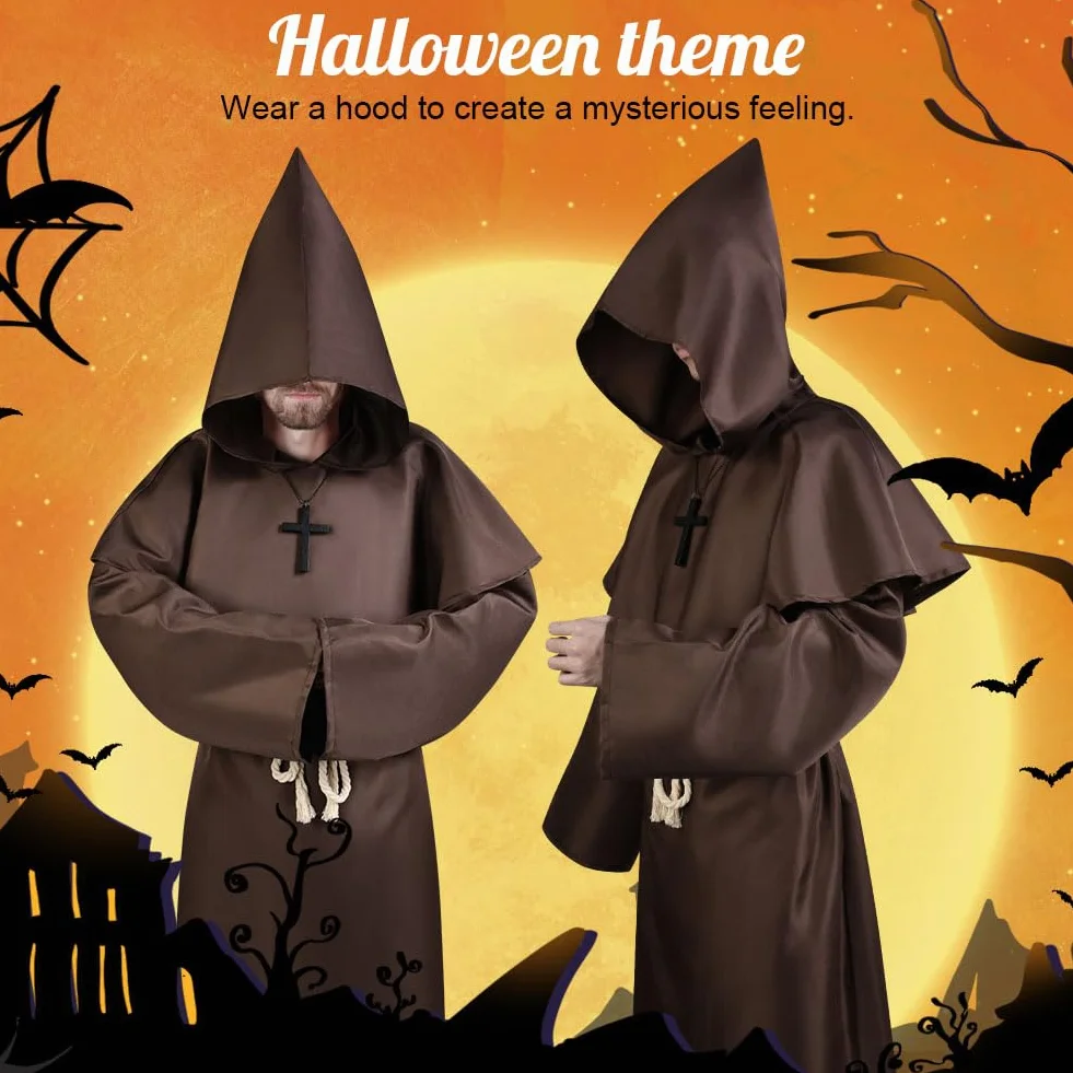 Aomig Szata mnicha, męska, czapka mnicha, średniowieczna peleryna, klasyczny kostium, kaptur, renesansowy, szata kapłana, na Halloween, karnawał, kostium Cosplay (rozmiar XL ~ XXL, czarny, brązowy)