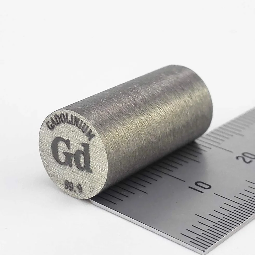Gadolinia metalowy pręt 99,9% 10 średnica x 20 mm długość 12,4 grama element Gd okaz.