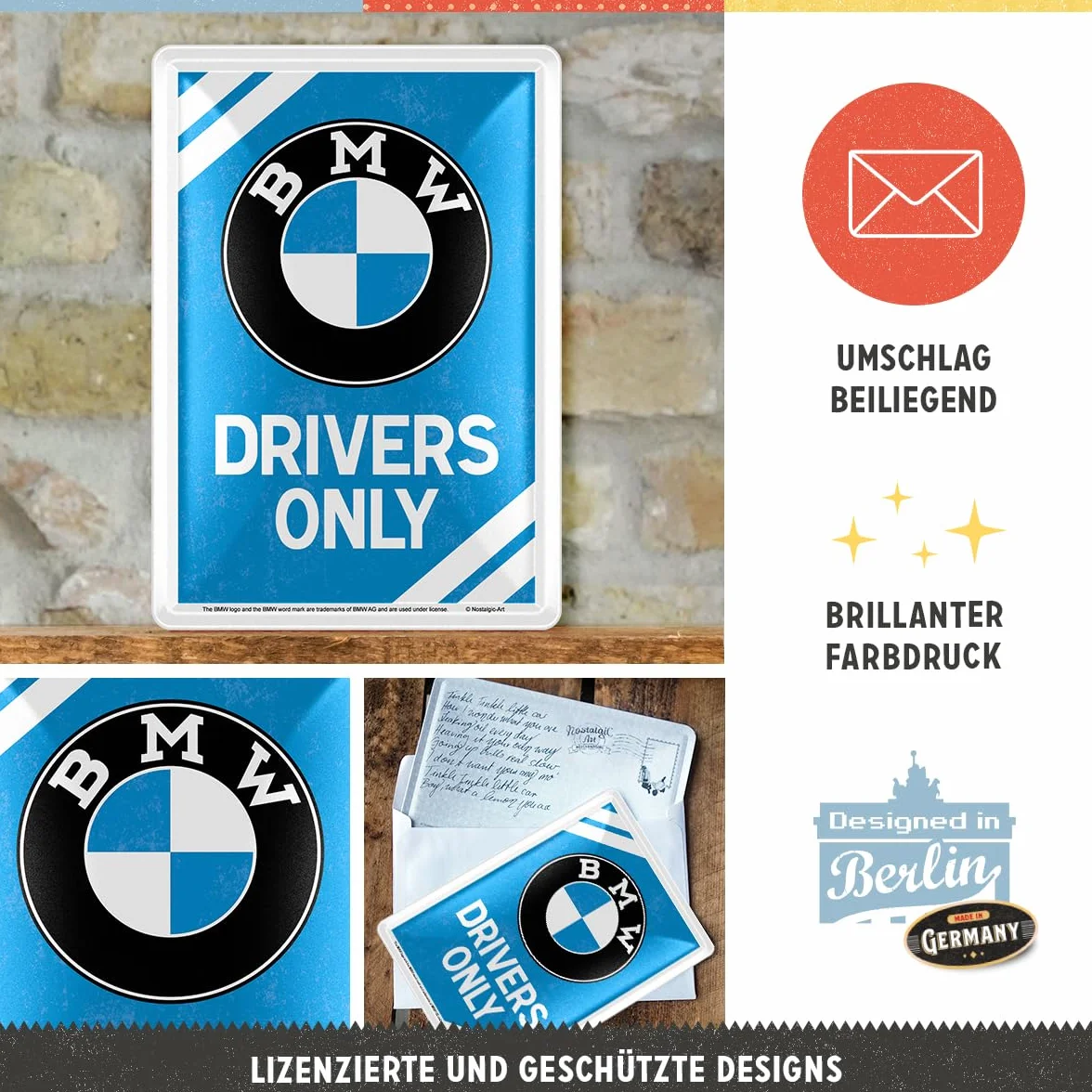 Nostalgic-Art Blaszana kartka pocztowa w stylu retro, 10 x 14 cm, oryginalny produkt licencjonowany (OLP), BMW – tylko Drivers – pomysł na prezent dla fanów akcesoriów BMW, kartka pocztowa z metalu,