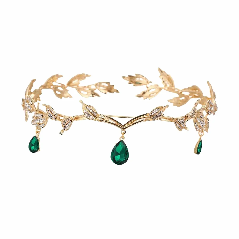Fantazyjny elf Tiara, retro renesansowy elf tiara, tiara z kryształkami i liśćmi, panna młoda ślubna z koroną królową, nadaje się na Cosplay, wesela, imprezy anime i imprezy karnawałowe, 15x4