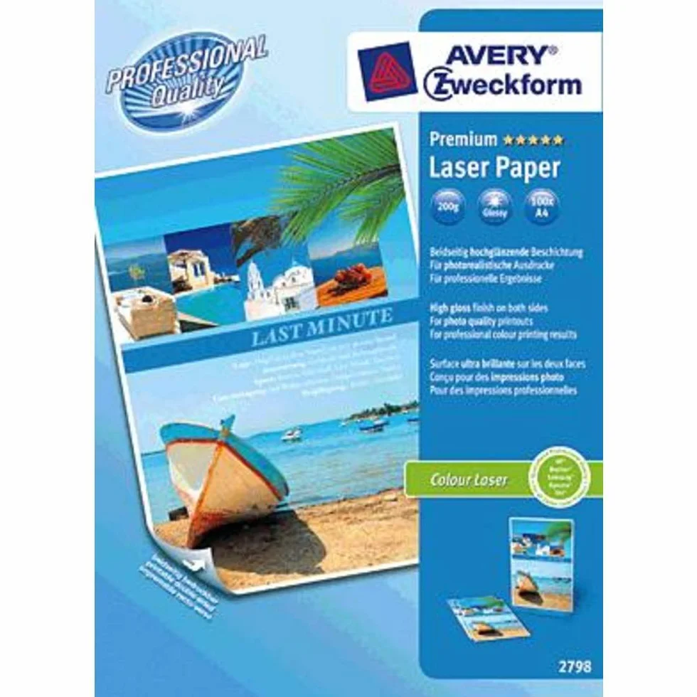 Avery Zweckform Art. 2798 Business Colour Laser papier (100 arkuszy, 200 g/m² DIN A4, błyszczący papier do drukarek, obustronnie powlekany, odporny na ścieranie, papier uloteczny do drukarek