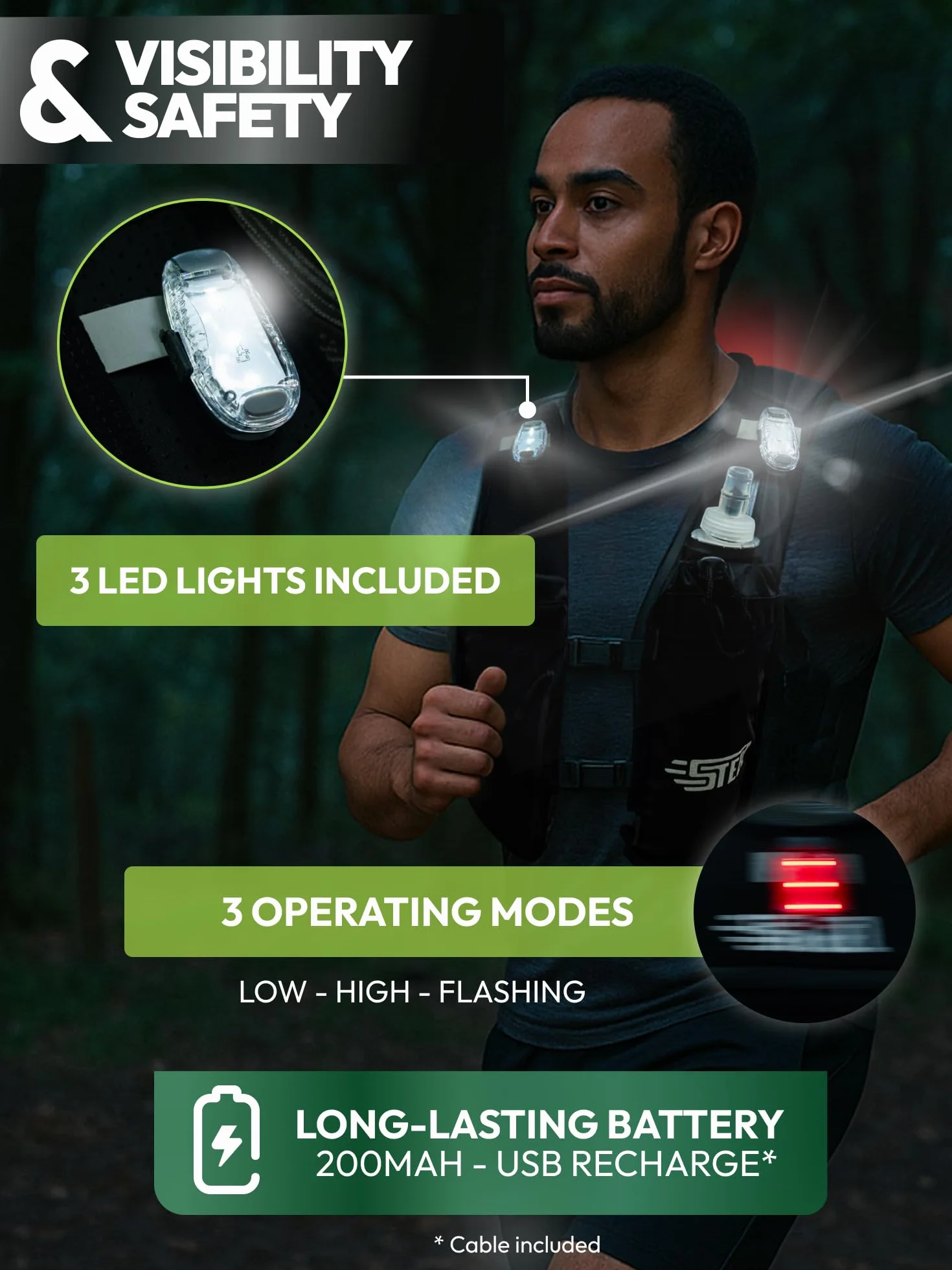 Odblaskowa kamizelka do biegania z 3 diodami LED, regulowana, lekka kamizelka, 500 ml, do wędrówek, biegania, maratonu, czarna