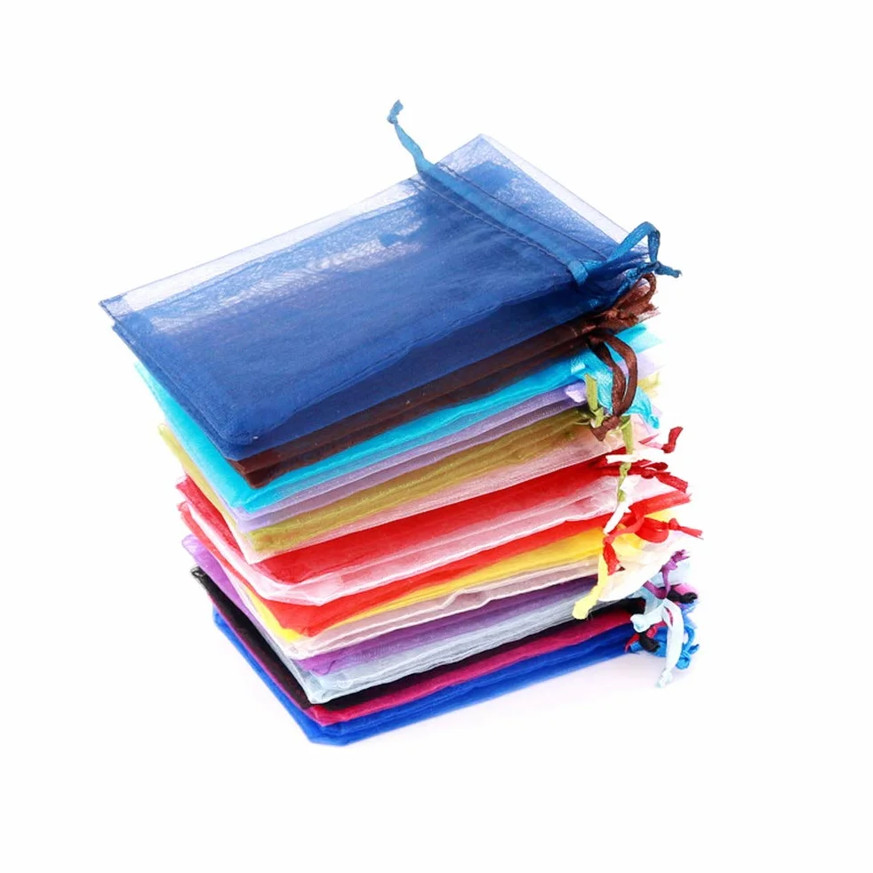 Woreczki z organzy 7 x 9 cm, 100 sztuk, kolorowe torebki na biżuterię ze sznurkiem do ściągania