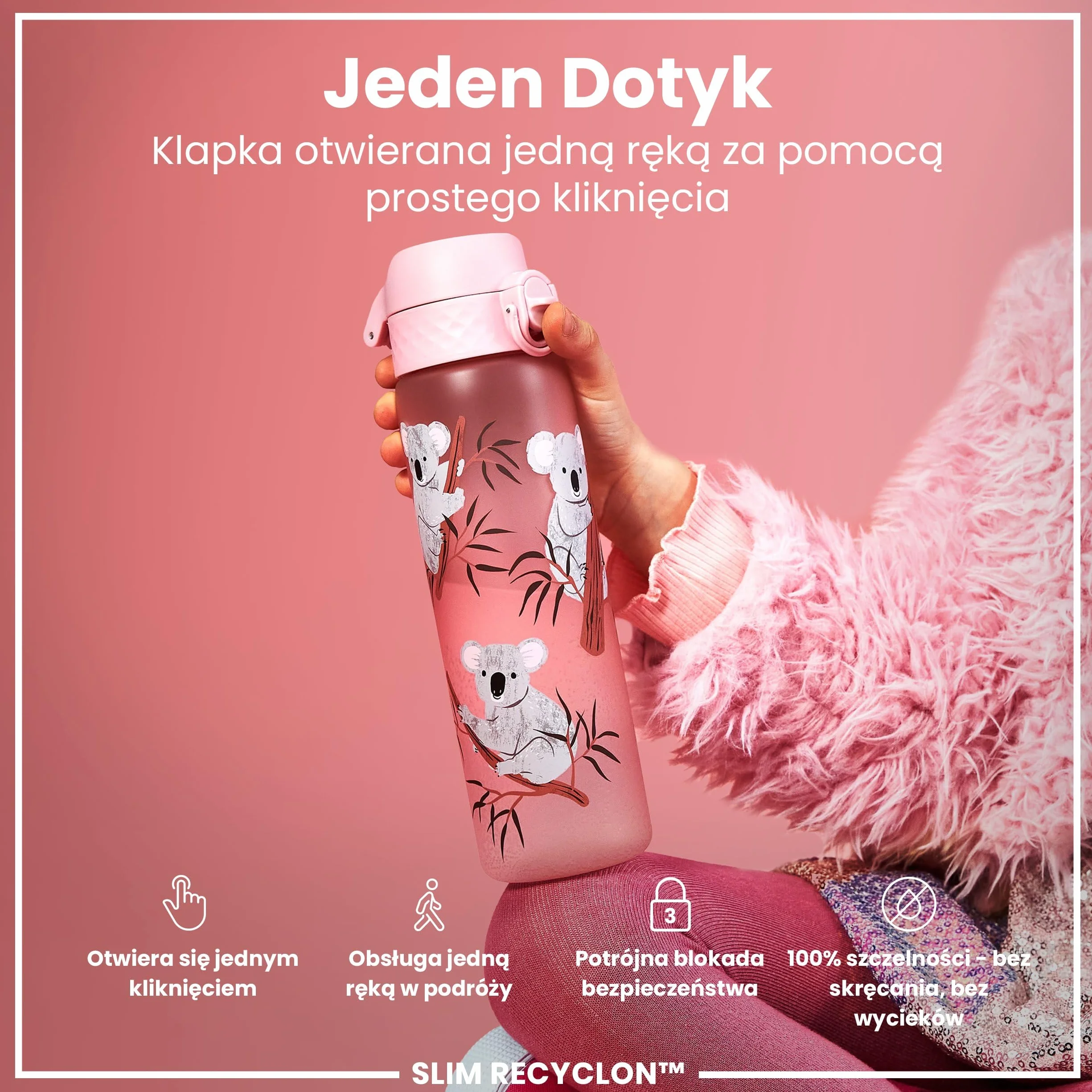 ION8 Butelka na Wodę, 500 ml/18 oz, Szczelna, Łatwe Otwieranie, Bezpieczny Zamek, Można Myć w Zmywarce, Bez BPA, Higieniczne Pokrycie, Uchwyt do Przenoszenia, Łatwa Czyszczenie, Bezwonny, Koale