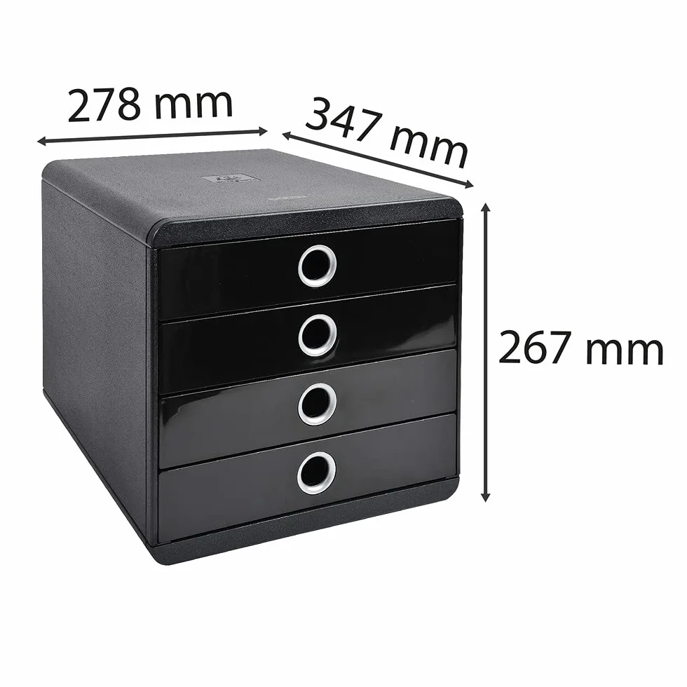 Exacompta 314438D Premium pudełko szafka z 4 szufladami na dokumenty A4+ Wytrzymała szafka z szufladami o dużej pojemności dla większej ilości miejsca na biurku Pop Box czarna/srebrna