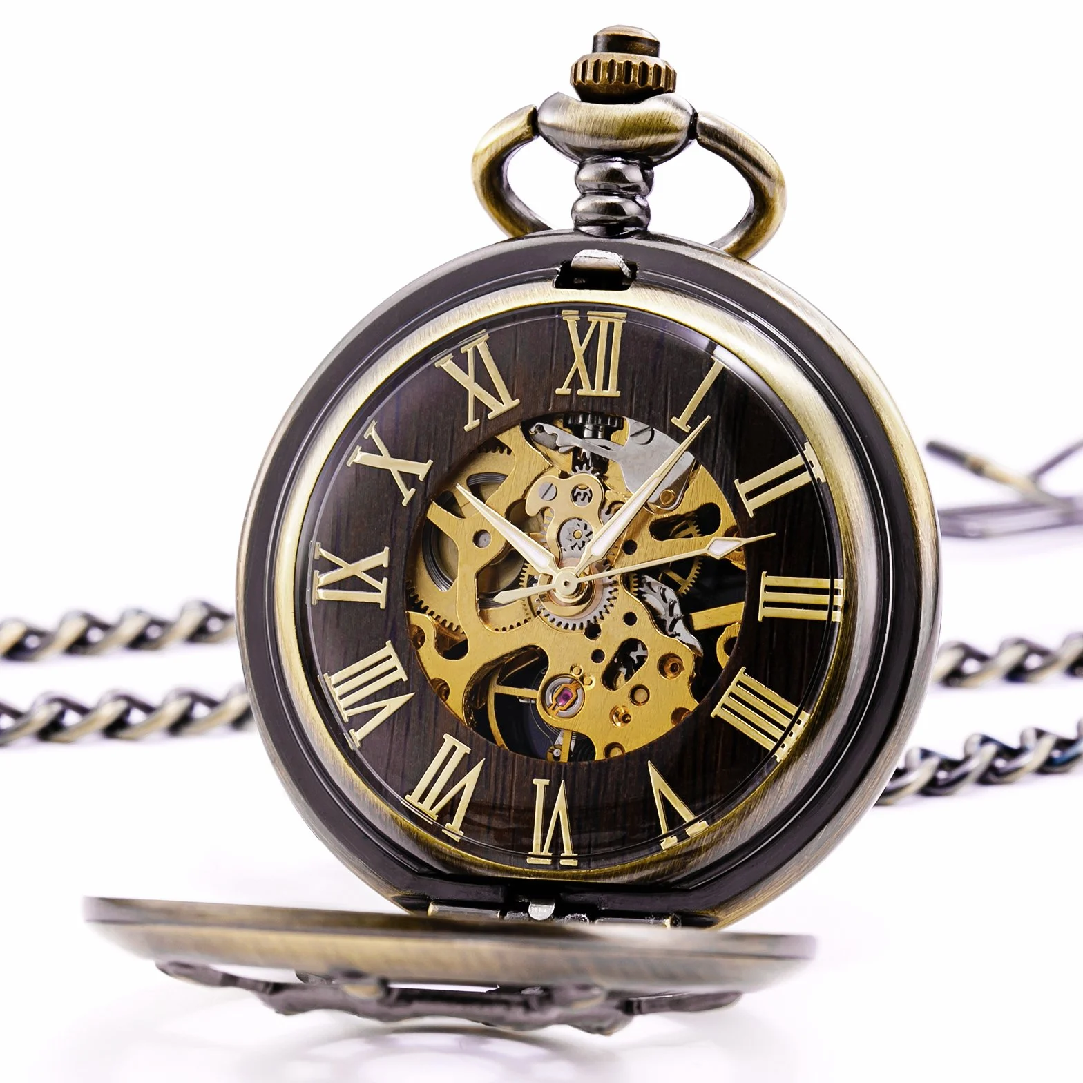 TREEWETO Unisex zegarek kieszonkowy z łańcuszkiem analogowy mechaniczny nakręcany ręczny podwójny zawias wiosło szkielet brąz, Bronze036