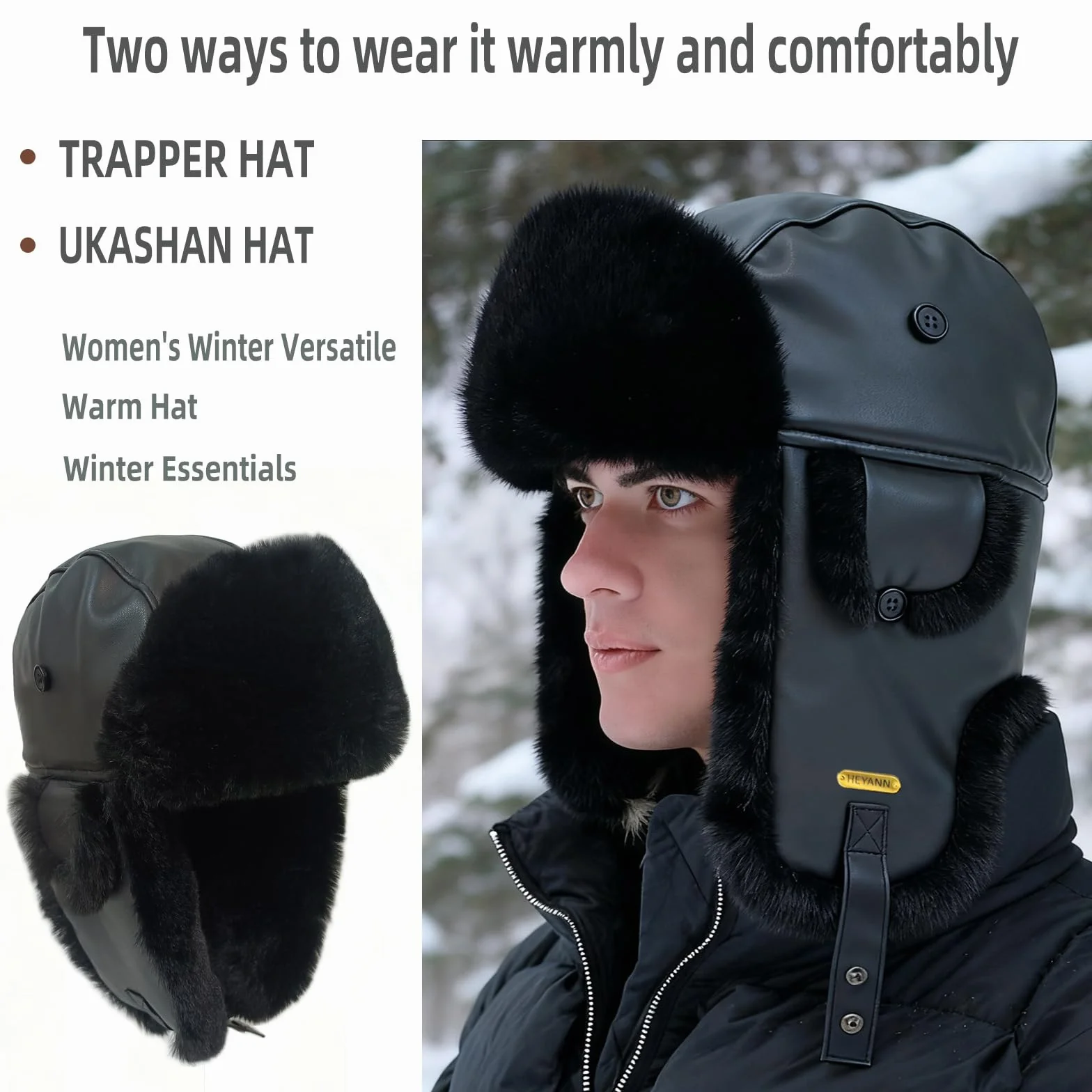 HEYANN Rosyjska czapka lotnicza dla mężczyzn i kobiet, ze sztucznej skóry owczej, zimowa czapka trapper Ushanka, ciepła czapka z nausznikami, uniseks
