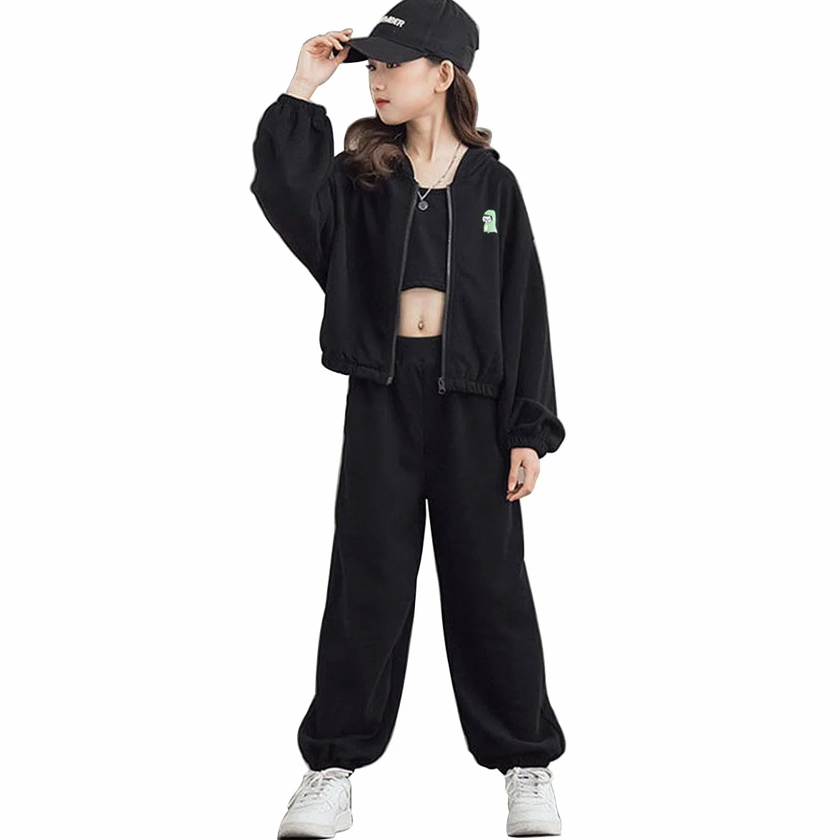 linboo Dres do joggingu, 3-częściowy strój sportowy (bluza + spodnie sportowe + crop top), strój hip-hopowy dla dzieci i dziewczynek