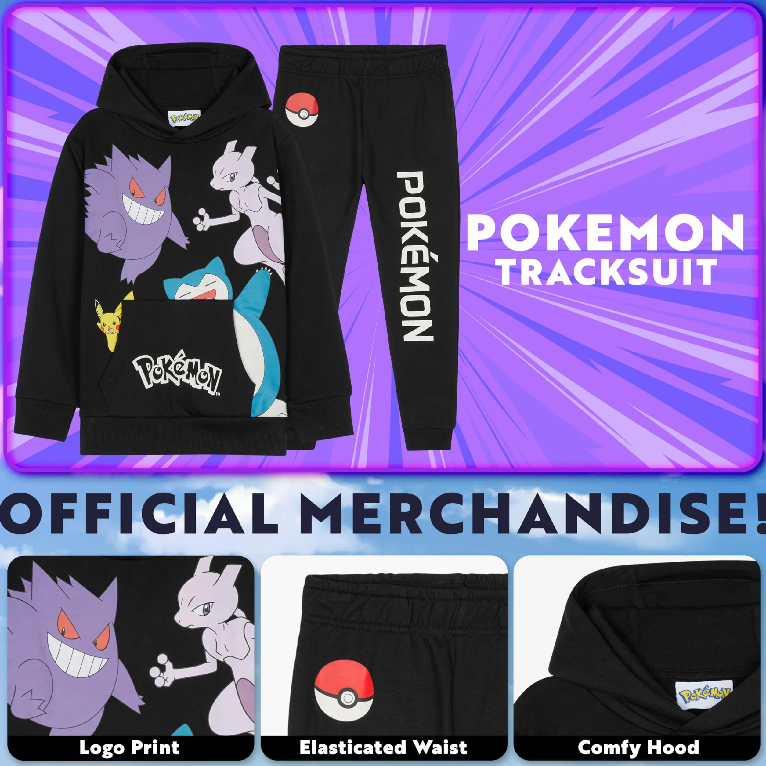 Pokemon Zestaw dresowy dla chłopców, wygodna bluza z kapturem i zestaw do biegania, prezenty dla dzieci