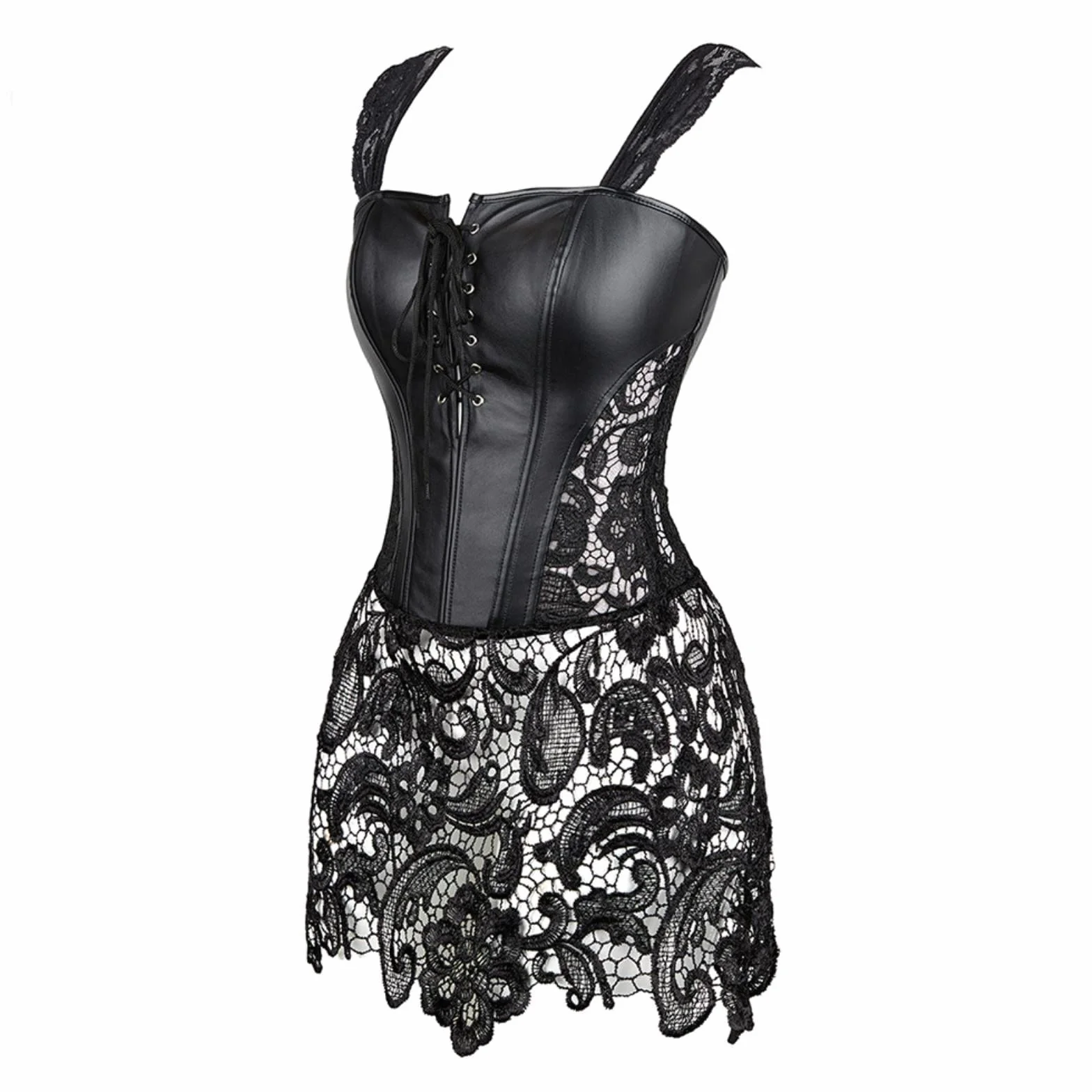 Czarne czerwone damskie gotyckie zasznurowane z przodu Punk Faux skórzany gorset z gorsetem Plus rozmiar komplety bielizny z G String