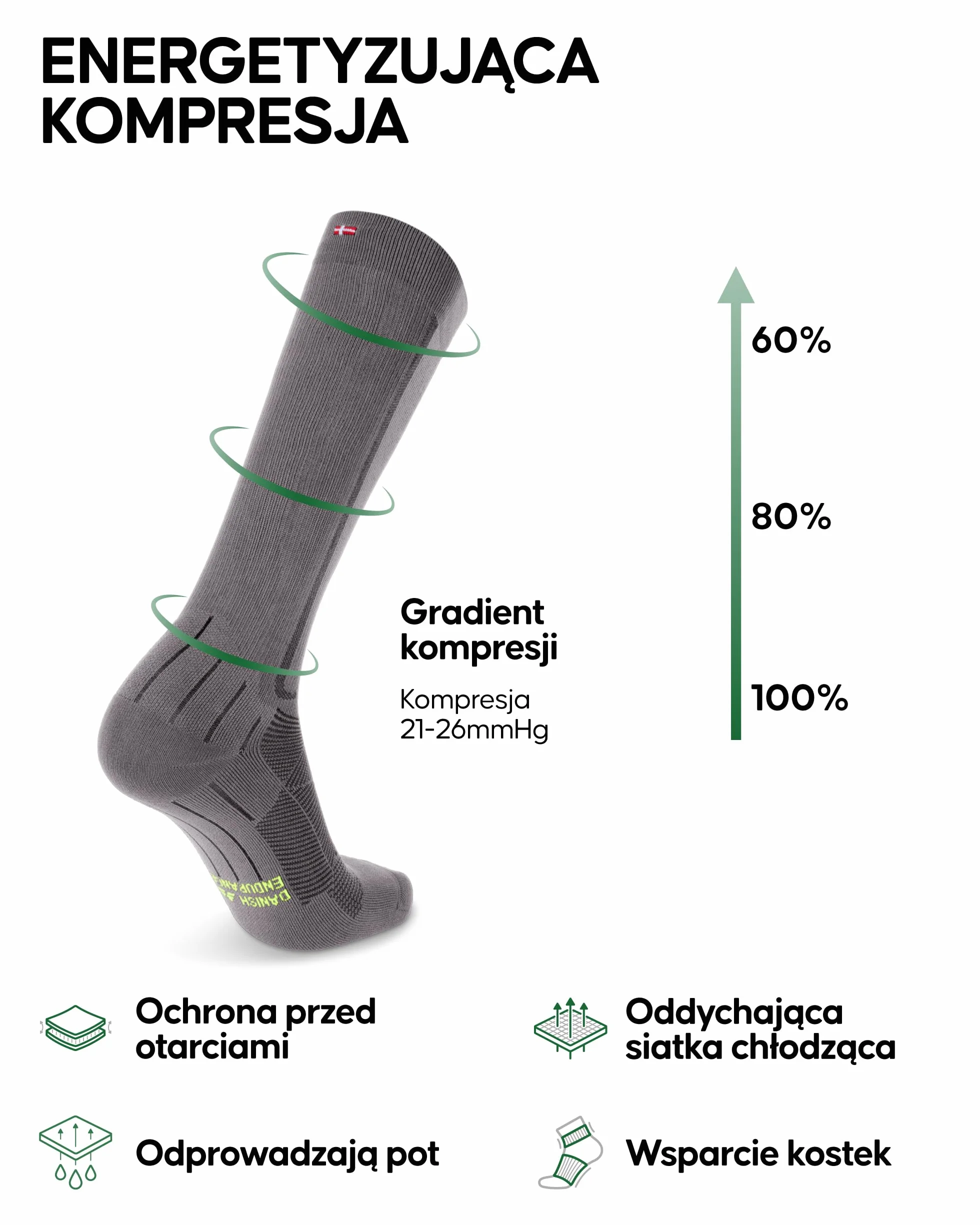 DANISH ENDURANCE Skarpety Kompresyjne do Biegania i Podróży, 21-26 mmHg, dla Kobiet i Mężczyzn, 2-Pak, Szary/Czarny 2-pack, 43-47